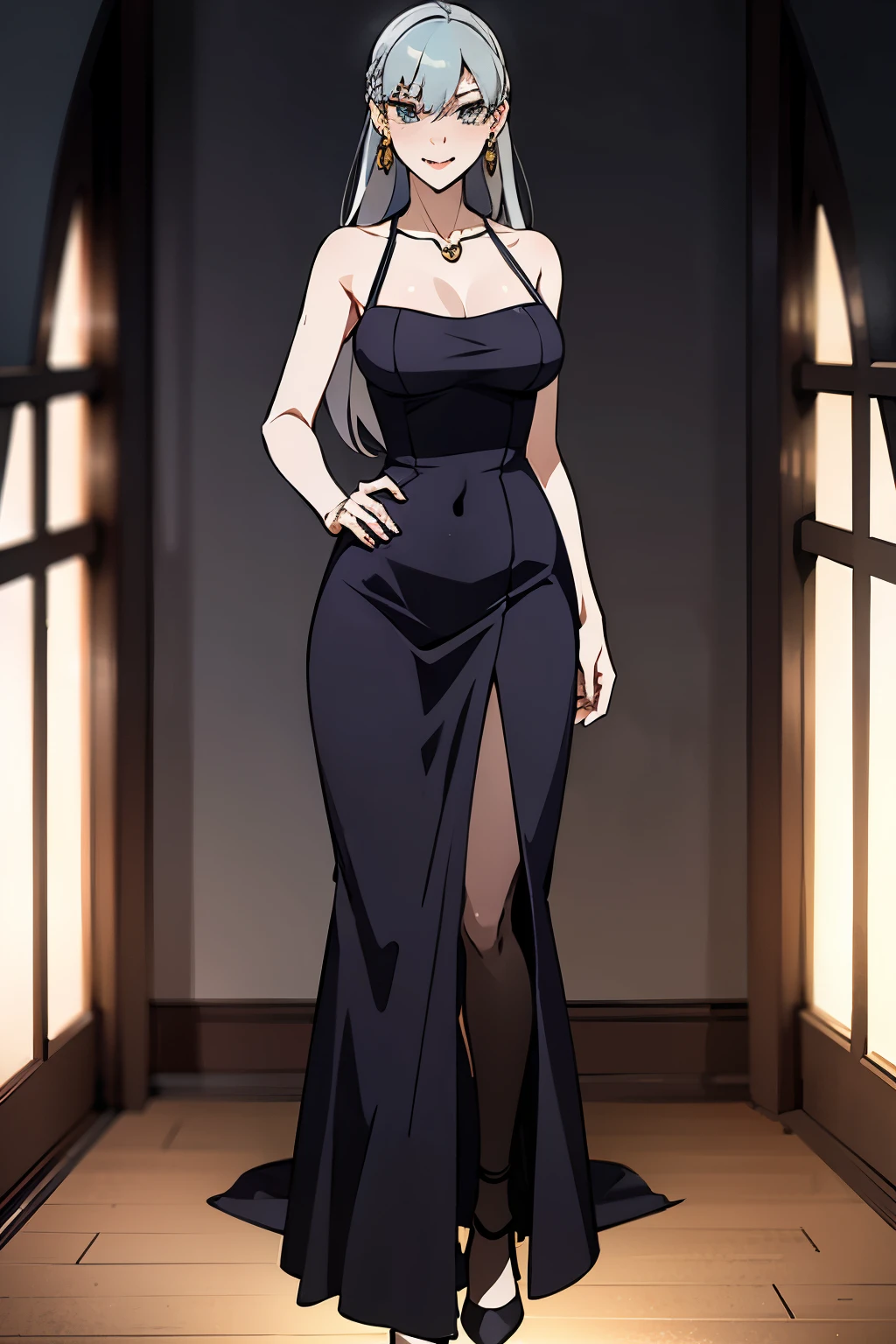 masterpiece, best quality, Lezhin Comics Volume 18 – The Power of Women on Display – [Advent-18] --s2
anime style, full-body, Asura, voluptuous, magnificent, green eyes, silver hair, long hair cascading over one eye, elegant, dark purple dress, sleeveless, revealing collarbones, intricate jewelry, earrings, necklace, smile, standing, arms crossed, hand on hip, self-assured, confident, powerful, indoors, dimly lit, blurry background, window in the distance, subtle shadows, high resolution, HD, Lezhin Comics, beautiful anatomy, captivating