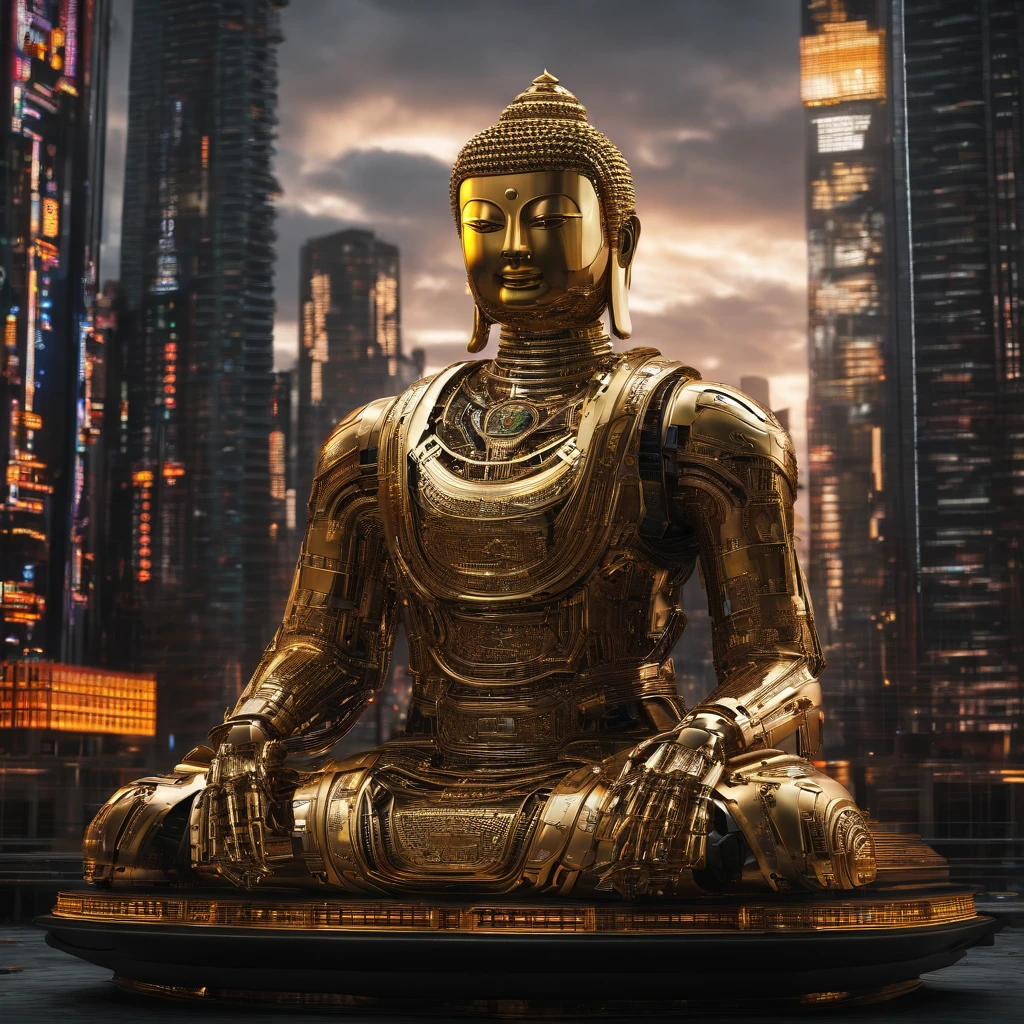 The golden Buddha statue is taller than a house in the middle of the city.
