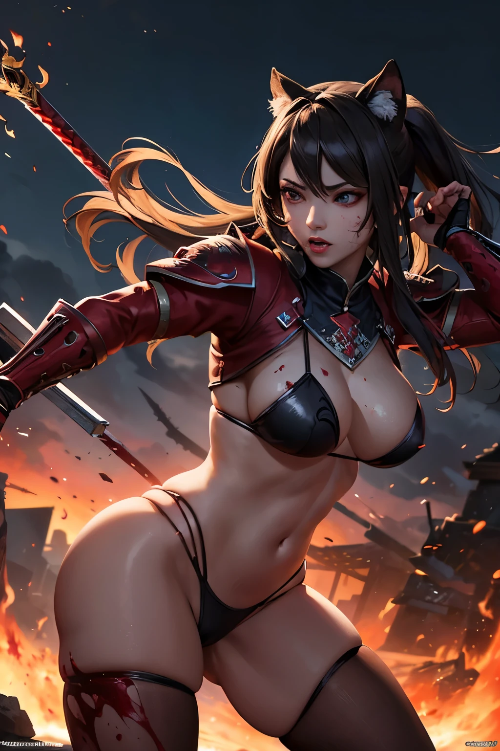 (masterpiece, best quality)
Onechanbara: A Hole in Paradise, the 2015 Game of the Year by OneChanbara, as depicted in this stunning 2K screenshot 2.
(beautiful detailed shadow, beautiful skin, beautiful blood effects, beautiful character design)
The scene presents a captivating and intricately detailed battlefield, bathed in the soft glow of twilight, with the protagonist, clad in her signature half-shredded outfits, engaged in a fierce combat.
(vivid colors, hyper realistic)
Blood splatters adorn the surroundings, adding a grim touch to the otherwise picturesque scener