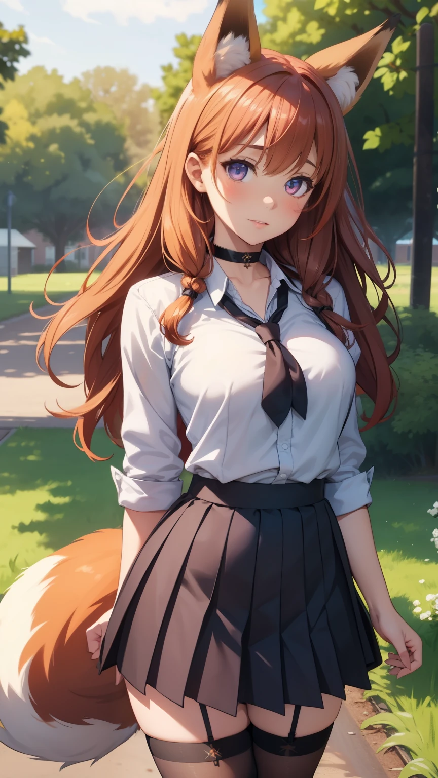 1girl, solo, highly detailed, best quality, illustration, game cg, perfect anatomy, beautiful cute face girl, redhead, beautiful detailed eyes, choker, school field, standing, natural lighting, school shirt, pleated skirt, thigh highs, fox ears, (fox tail:1.2), glossy lips, large breasts, aichan, latifa fleuranza