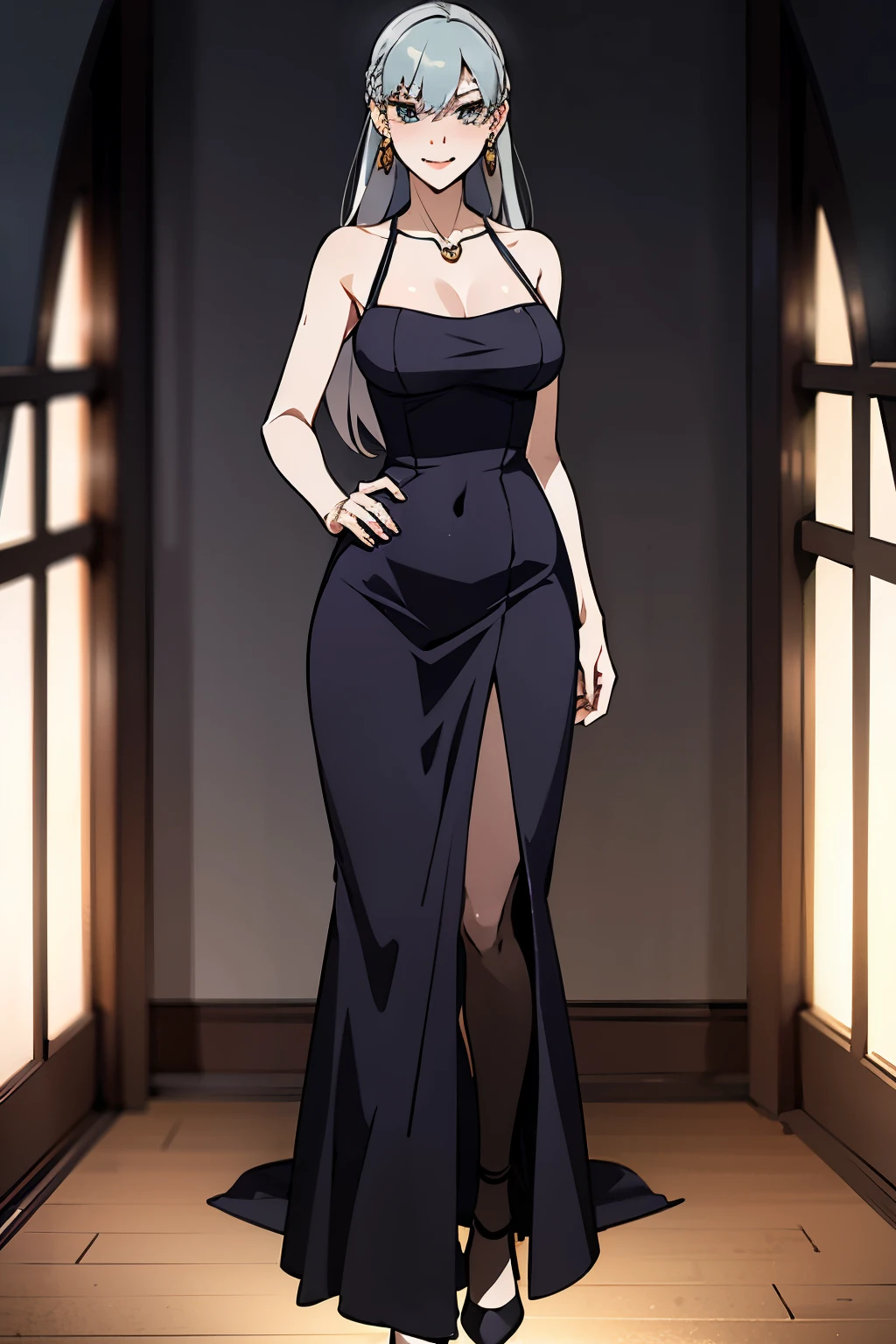 masterpiece, best quality, Lezhin Comics Volume 18 – The Power of Women on Display – [Advent-18] --s2
anime style, full-body, Asura, voluptuous, magnificent, green eyes, silver hair, long hair cascading over one eye, elegant, dark purple dress, sleeveless, revealing collarbones, intricate jewelry, earrings, necklace, smile, standing, arms crossed, hand on hip, self-assured, confident, powerful, indoors, dimly lit, blurry background, window in the distance, subtle shadows, high resolution, HD, Lezhin Comics, beautiful anatomy, captivating