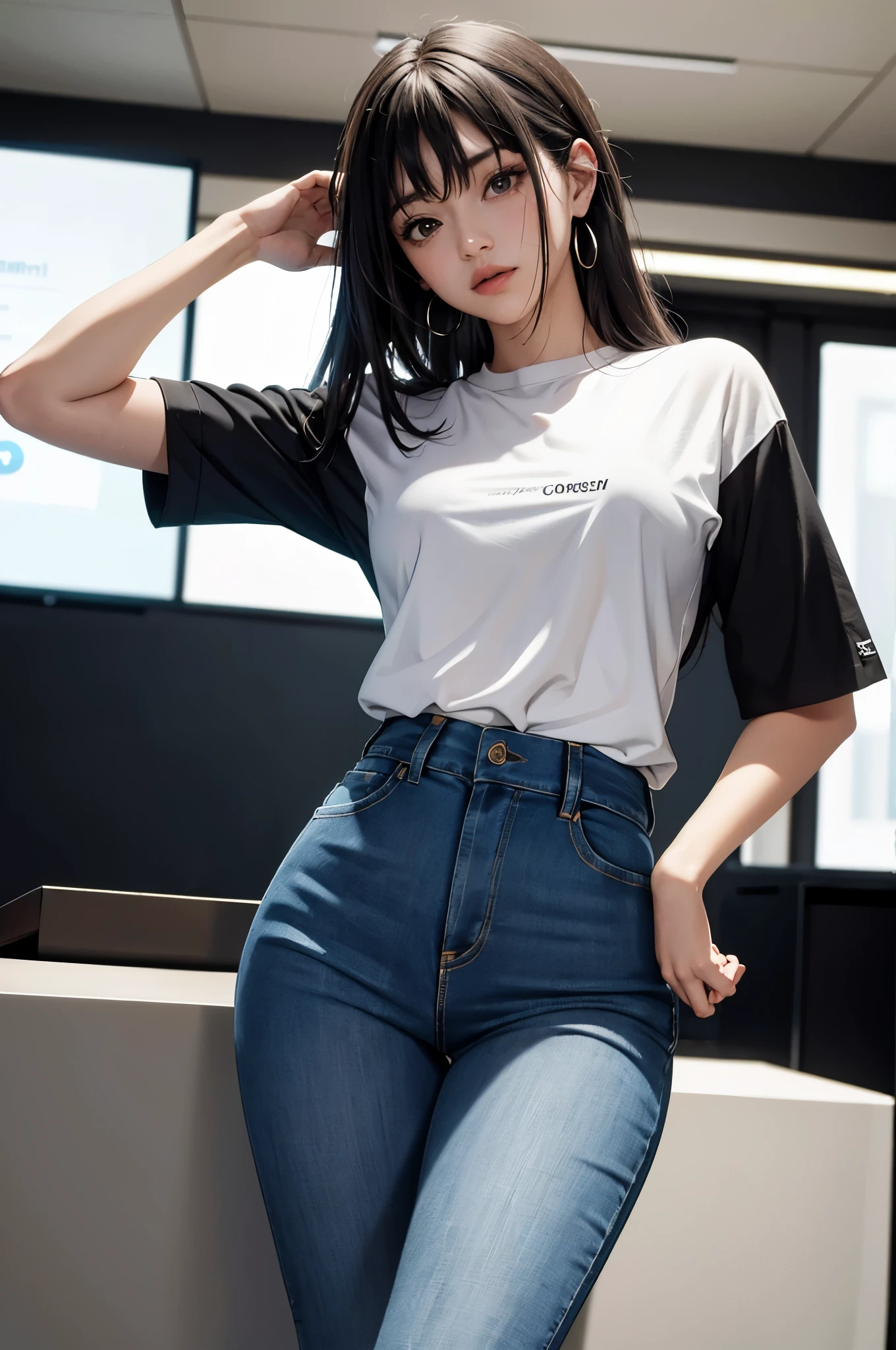 (Hinata Hyuga, muito sensual, com roupas apertadas, bunda grande, pernas grossas, Wearing extremely tight jeans, usando uma mini blusa, umbigo com pirsing, cabelo grande, Speaker behind, muito realista, extremamente sexy, 8k, 8k extremamente detalhado), (um extremamente delicado e bonito), (obra-prima), (melhor qualidade: 1.0), (ultra highres:1.0)