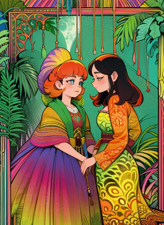 Create a naive art painting inspired by Halyna Kulaga and Laurel Burch. Depict a beautiful squirrel girl amidst lush jungle foliage, using bold, expressive strokes and textural elements.
Imagine the squirrel girl with a playful expression, her fur adorned with intricate patterns and vibrant colors. She is surrounded by exotic leaves and colorful flowers.
In the background, paint a radiant, colorful moon that casts a magical glow over the scene. The moon's hues blend harmoniously with the jungle's vivid colors, creating a dreamlike atmosphere.
Add a whimsical spider weaving an intricate web nearby, its body adorned with bright, decorative patterns, enhancing the scene's charm and wonder.
Incorporate elements of whimsy and fantasy with bold, saturated colors. Use thick, textured brushstrokes to add depth and dimension, making the foliage, squirrel girl, and spider stand out.