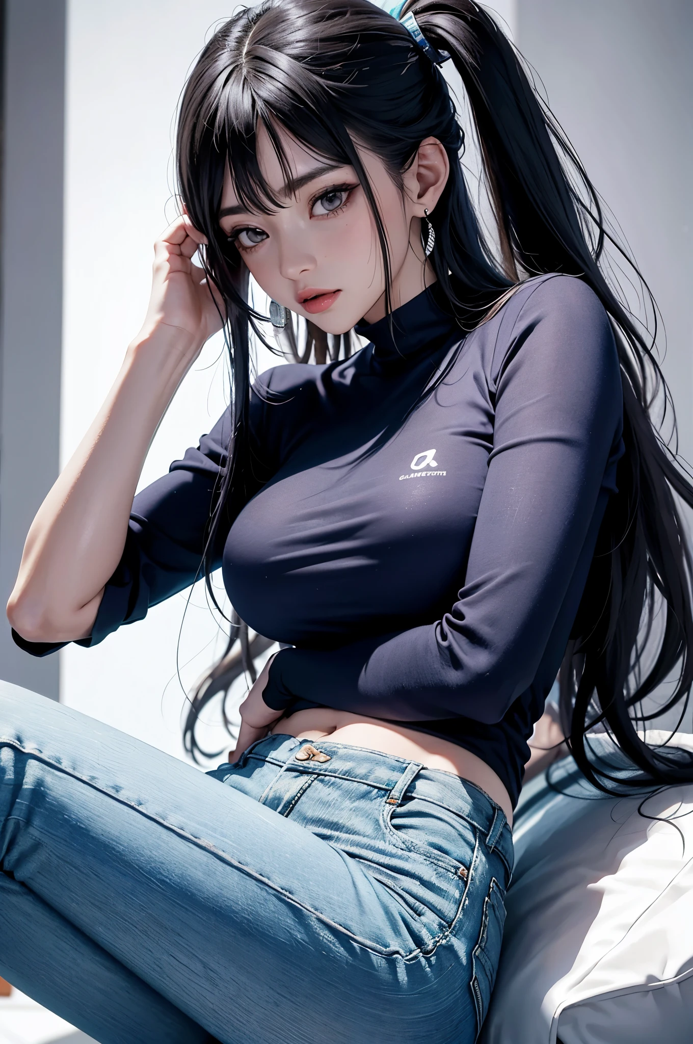 (Hinata Hyuga, muito sensual, com roupas apertadas, bunda grande, pernas grossas, Wearing extremely tight jeans, usando uma mini blusa, umbigo com pirsing, cabelo grande, Speaker behind, muito realista, extremamente sexy, 8k, 8k extremamente detalhado), (um extremamente delicado e bonito), (obra-prima), (melhor qualidade: 1.0), (ultra highres:1.0)