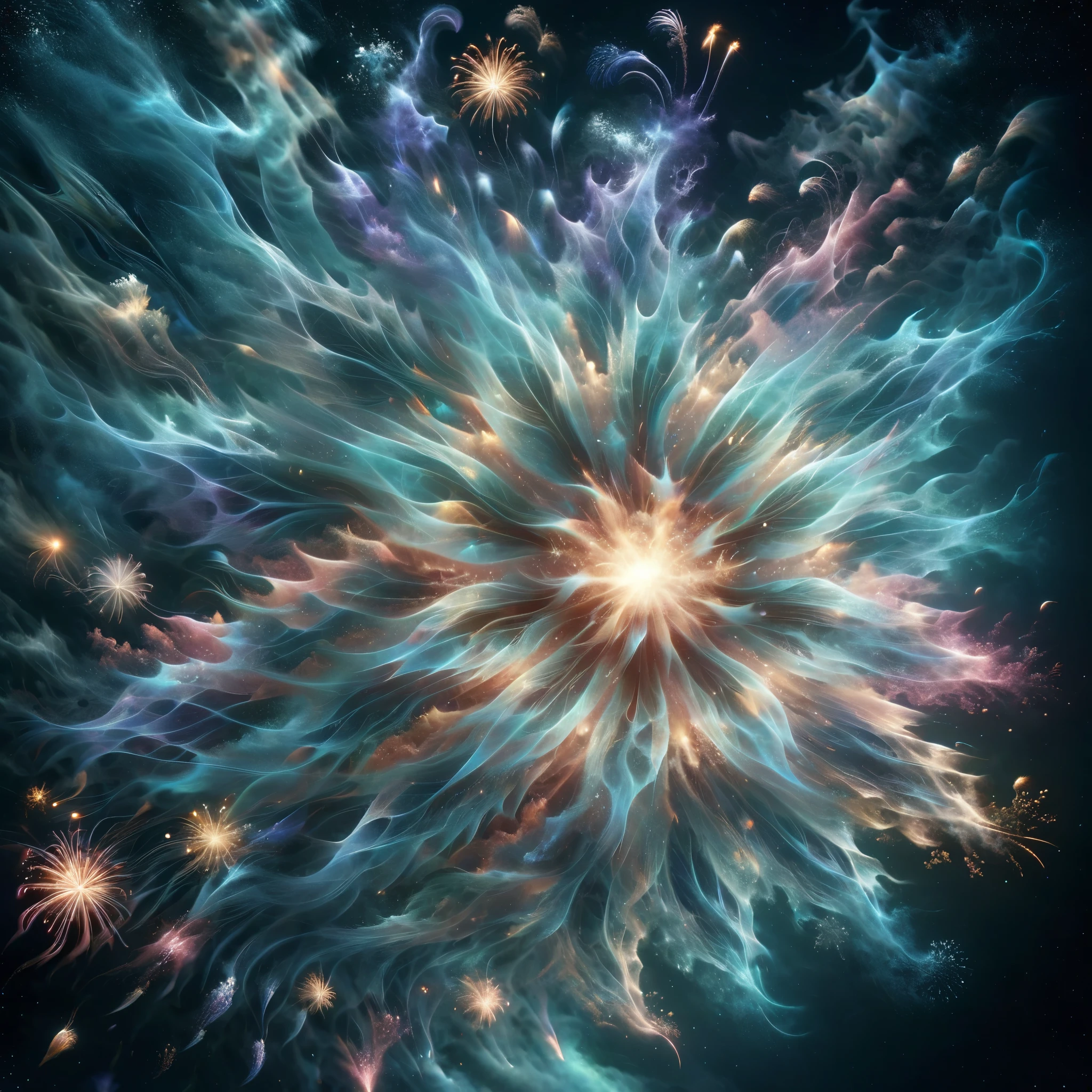 Blend fantasy and reality as 3D fireworks merge with ethereal fractal creatures, symbolizing the sea, transforming the landscape into a fractal fantasyland, where imagination reigns supreme and reality bends to the whims of the mind.