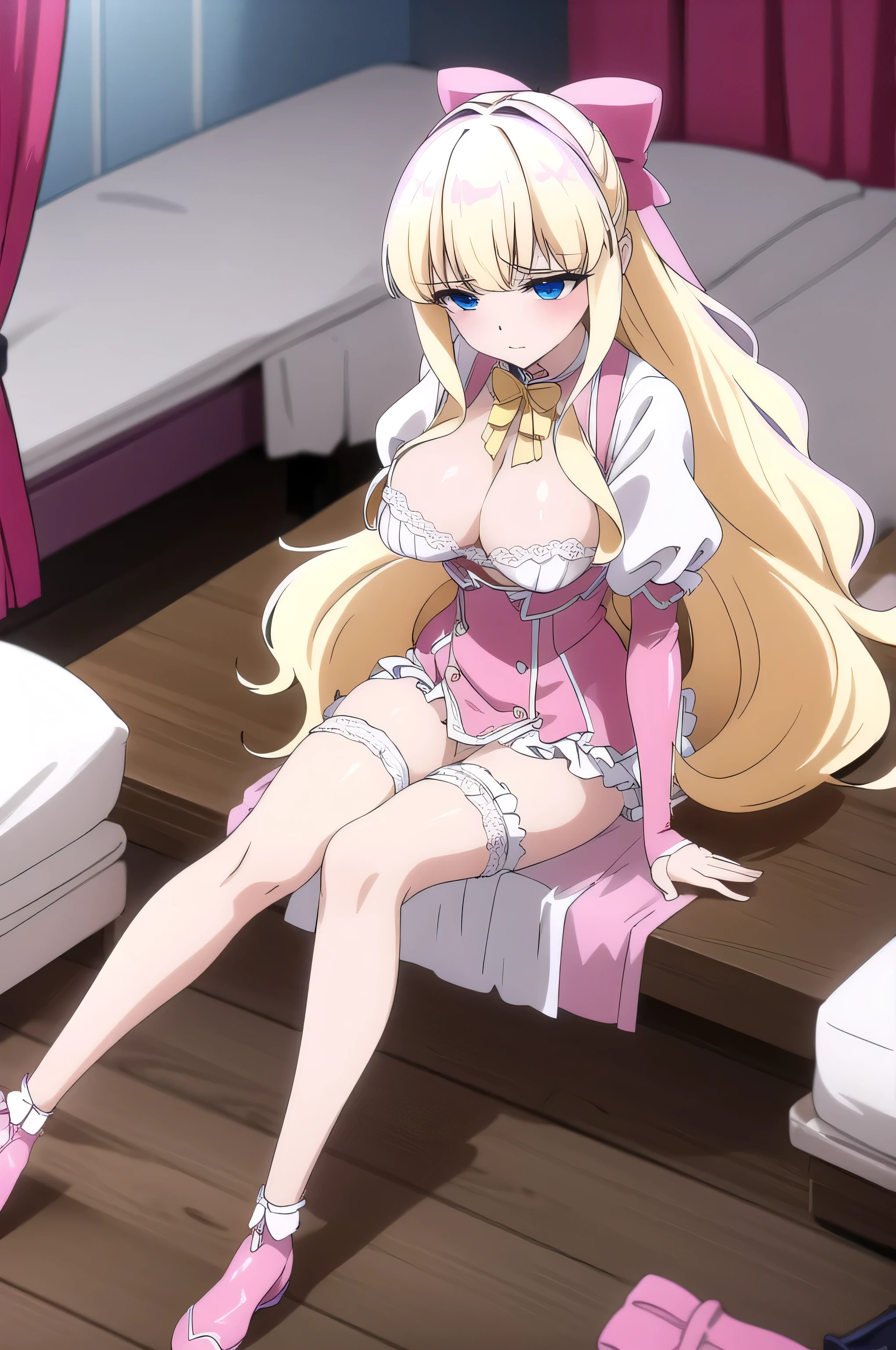 (masterpiece, highest quality, 16ｋAnime image quality, High resolution, Anime Style, Clean brush strokes, Very detailed, Perfect Anatomy), 1 person, alone,(kaorukotenkawa), sexy, Mature face, Sexy smile、Extremely detailed eyes、Blue Eyes, (Blonde、Long Hair、Straight)、ribbon、hairribbon、Yellow ribbon、Tabletop, (Penetration: 1.2),((Short bra:1.5、Lace、Detailed and accurate)), Glamorous body, (Huge breasts:1.7, Stunning valley)、(Slim waist、Smooth)、Big hips:1.4、Big Ass 1.5、((High leg panties、Detailed lace))、(On the bed、Seductive pose、Lie down)、(Bedroom Background、Rotating bed、Heart-shaped bed)、bed (Pink comforter、With ruffles)、Lemon-colored sheets、(Shocking pink pillow、With ruffles)、refer to４Bookの中に親refer to１Book, 