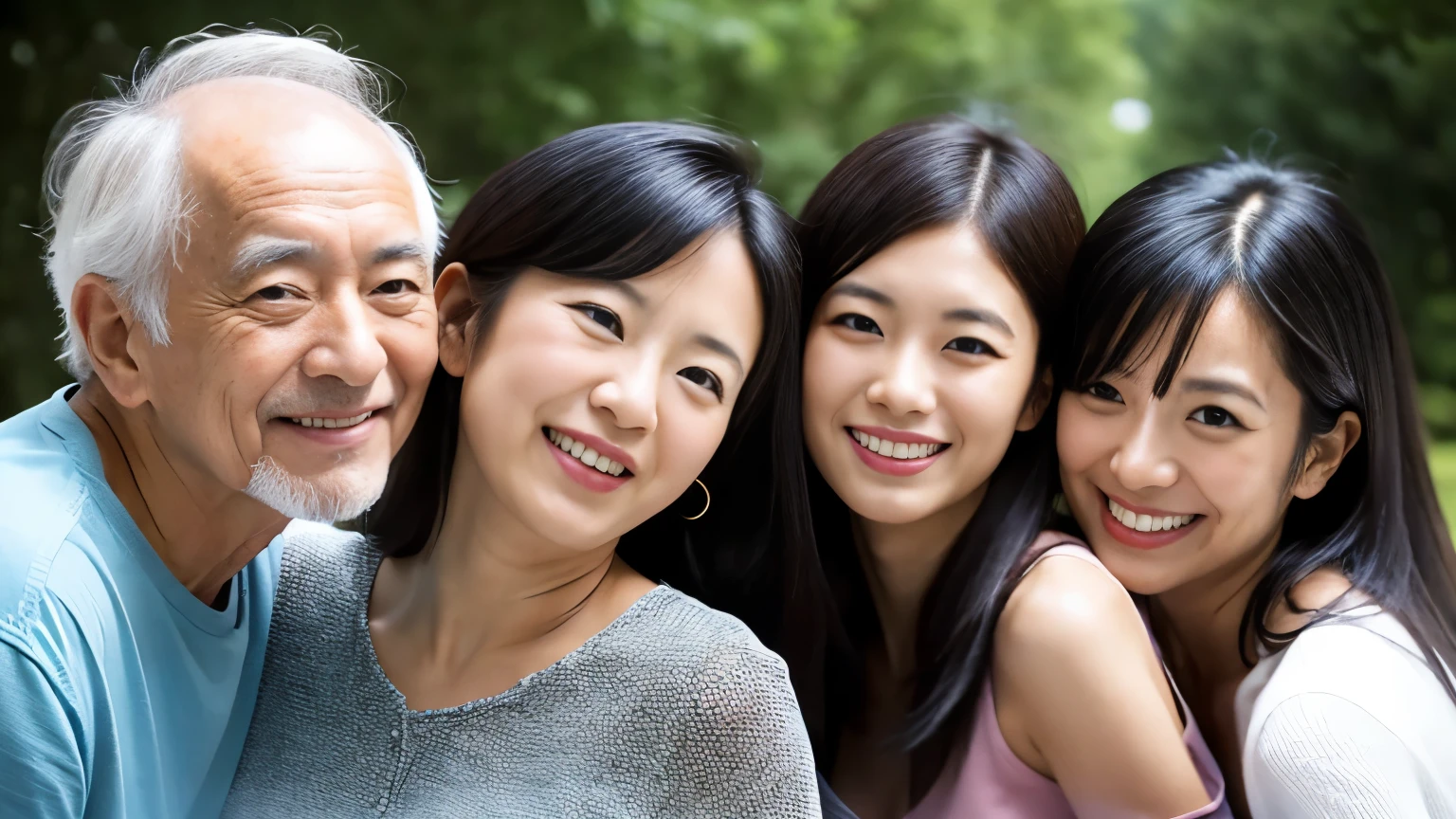 A 60-year-old Japanese man is sandwiched between two 30-year-old Japanese women, Age difference, Age difference, 60-year-old man, smile, standing hug, Sexy young girl 30, Small and sexy size, Long black hairstyle, Embarrassed and blushing face, Young girls, Outdoor, Detailed face, Realistic, Realistic, Big Breasts,Looking at the camera