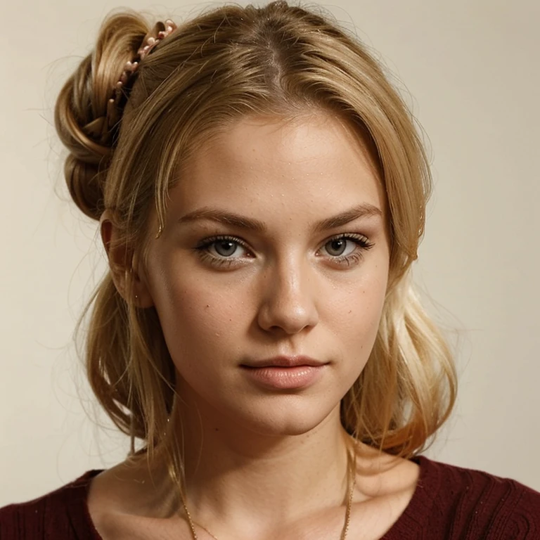 Blond librarian, sexy, 18 years ,hair in a bun with loose strands for the face