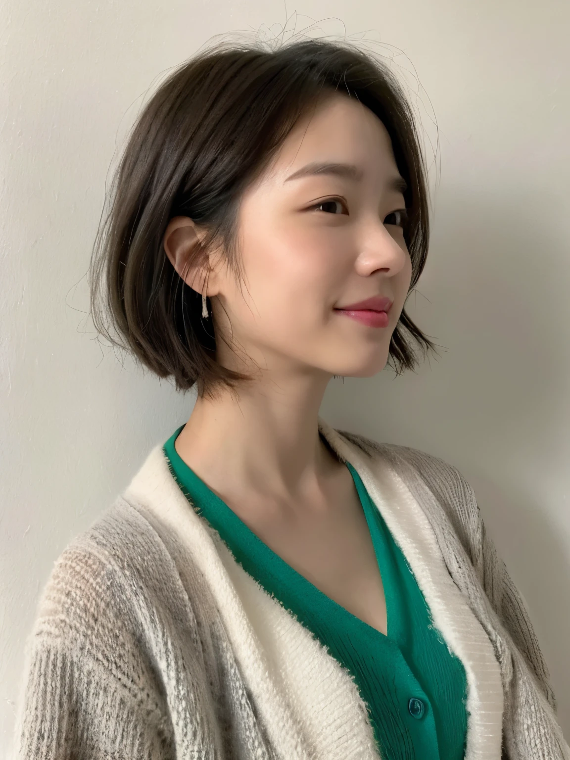 Stylish spring clothes、fluffy hair、smile、(背景にWhite wall、Light grey cardigan:1.4)、White wall、In front of a white door、Mr.々A pose、(窓のあるWhite wallの部屋)、((highest quality、8k、masterpiece:1.3))、Ultra-high resolution、(photoGenuineistic:1.4)、RAW Photos、Japanese,(Detailed aspect)、Genuine、Photographed in natural light、Highly detailed face and skin texture、Highly detailed lips、The correct state of the human body、Short Hair、Brown Hair、さまざまA pose、semi-long、Long Hair、Natural color lip、非常にShort Hair、profile、Look to the side