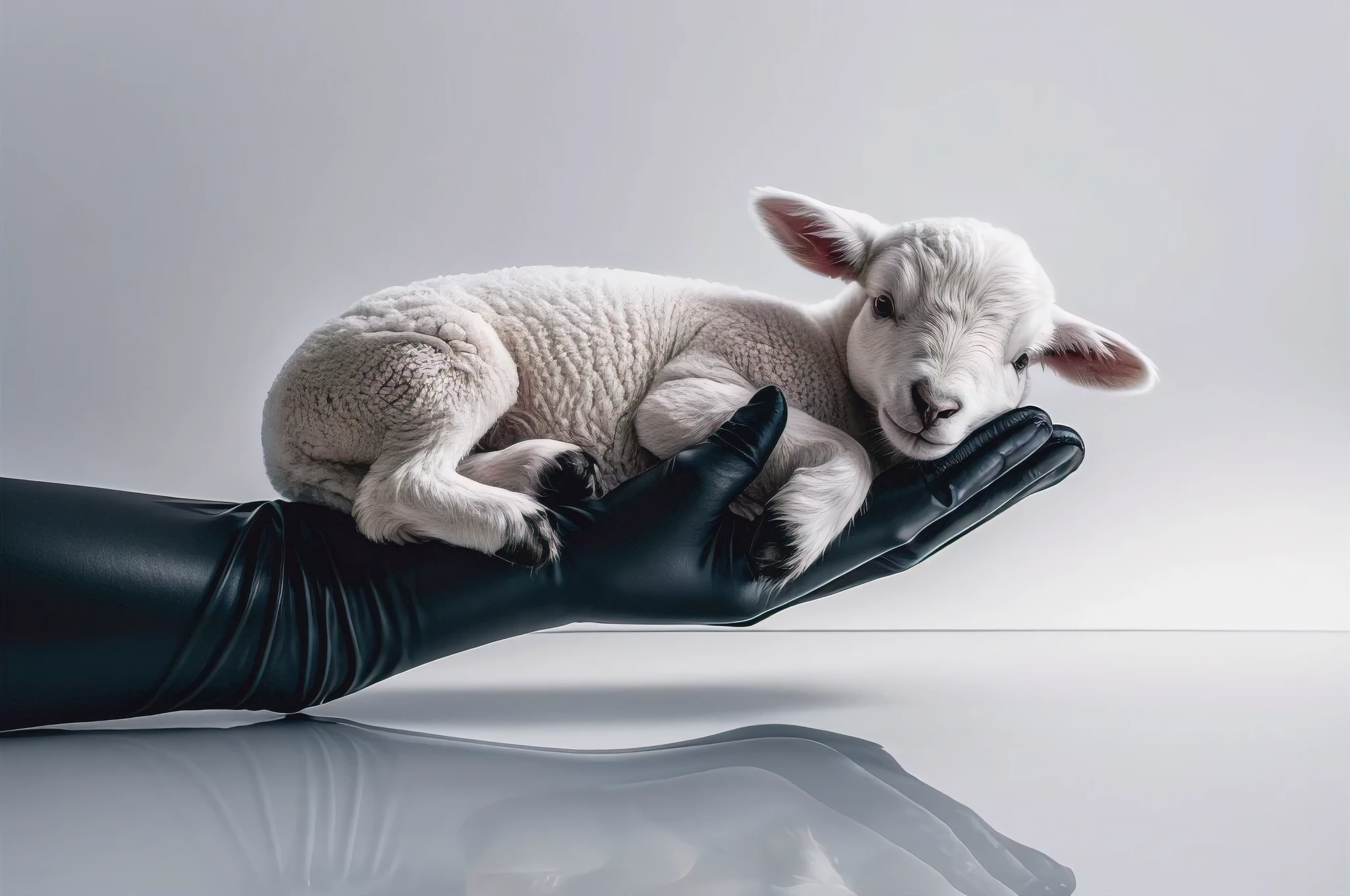 A stunning, high-quality photograph of a hand wearing a black latex glove, gently holding a delicate white lamb. The lamb is lying peacefully in the hand, with its eyes closed, as if resting. The backdrop is a pristine white background, creating a stark contrast between the black glove and the white lamb. The image exudes a surreal and dream-like atmosphere., photo