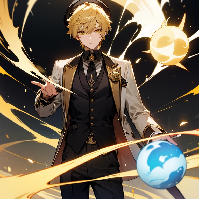 Aether from Genshin Impact. Golden Eyes. Short Blonde Hair. 1boy. black vest and blazer. Fedora hat. Victorian age style.