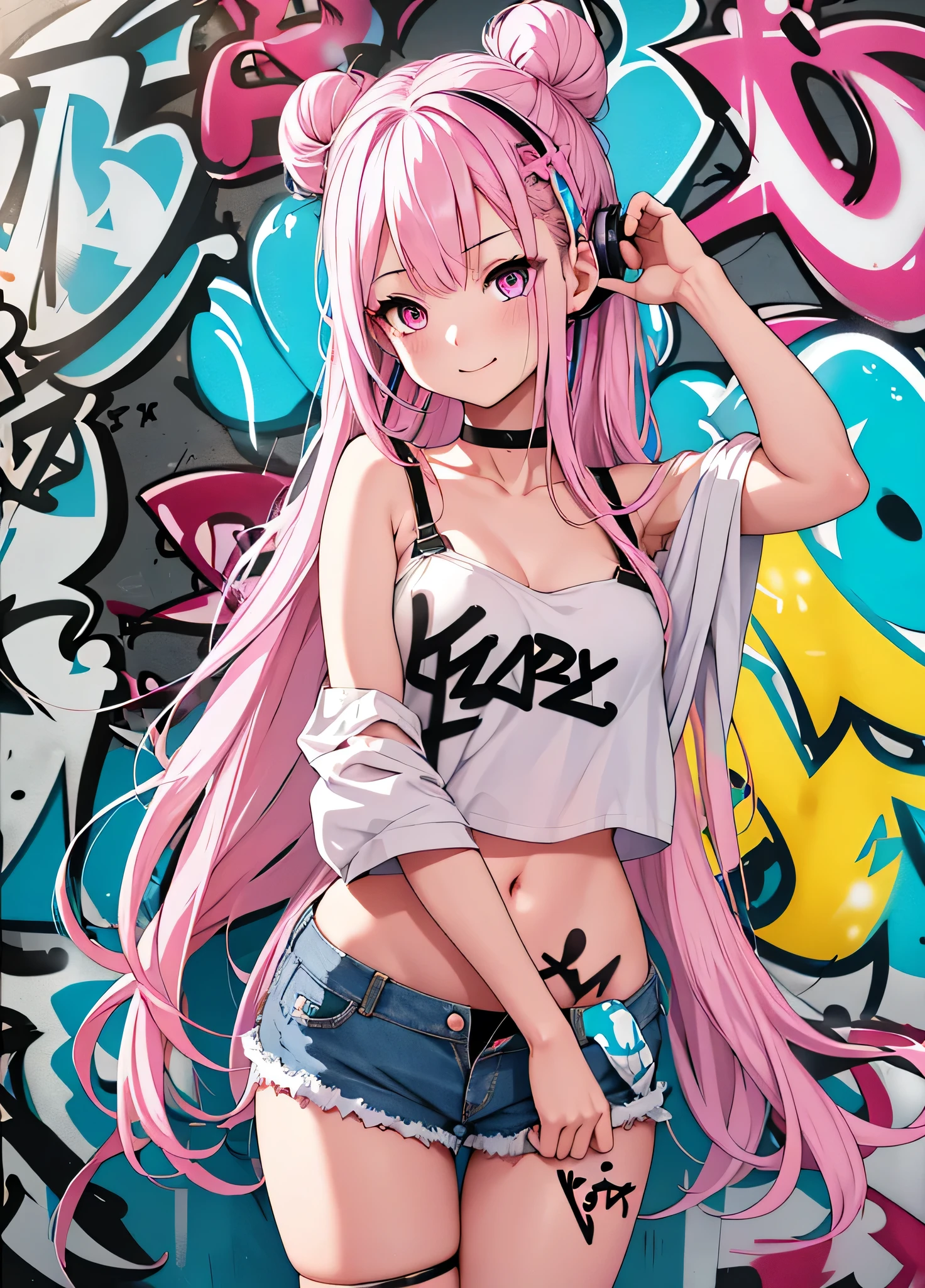 masterpiece, highest quality, One girl, alone, Crop top, Denim shorts, choker, (graffiti:1.5), Paint splashes, Put your arms behind your back, Against the wall, View your viewers, Armband, Thigh straps, body paint, Tilt your head, boredom, Multicolored Hair, Aqua Eye, headset,masterpiece, highest quality, High resolution, {Detailed and beautiful eyes}, finely,  Detailed and beautiful eyes,  (Hair Ribbon:0.4), Pink Eyes,Cinematic Angles,perspective,White bun hair,Long pink hair,whole body,Refers to 5 books,smile