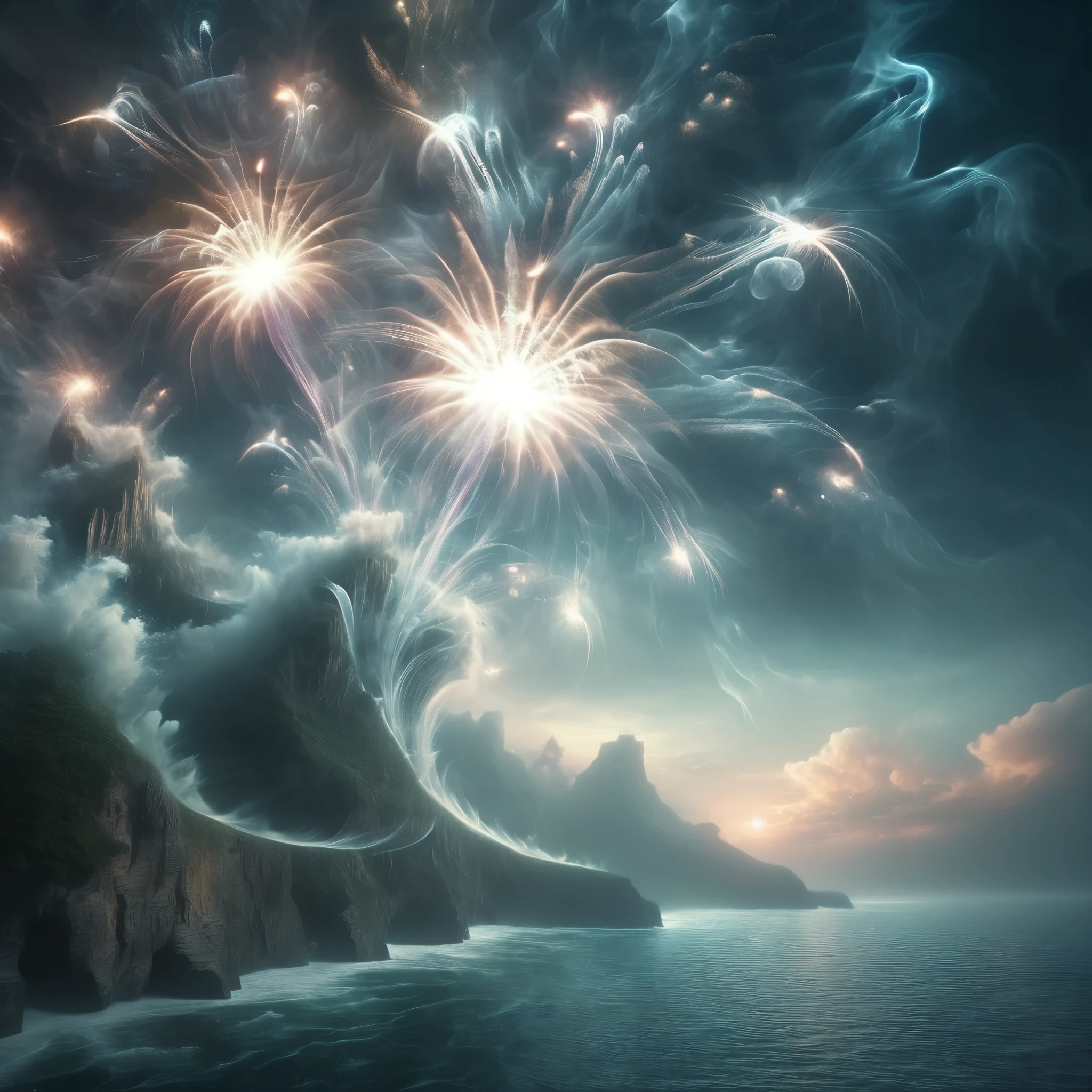 Blend fantasy and reality as 3D fireworks merge with ethereal fractal creatures, symbolizing the sea, transforming the landscape into a fractal fantasyland, where imagination reigns supreme and reality bends to the whims of the mind.