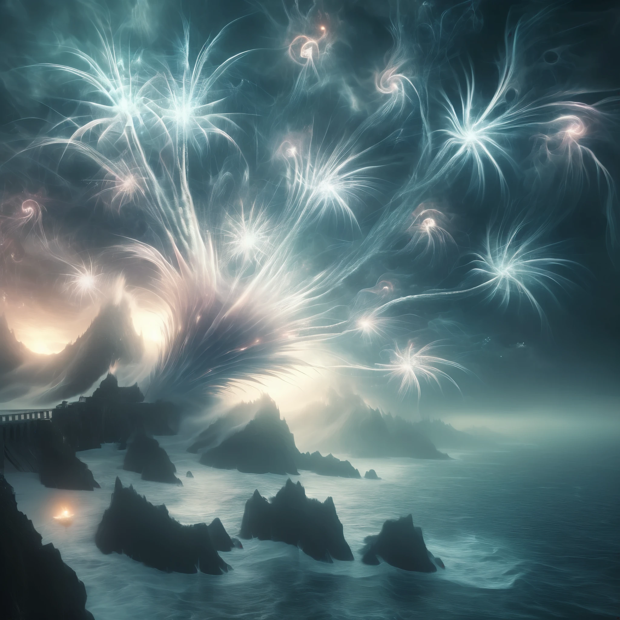 Blend fantasy and reality as 3D fireworks merge with ethereal fractal creatures, symbolizing the sea, transforming the landscape into a fractal fantasyland, where imagination reigns supreme and reality bends to the whims of the mind.