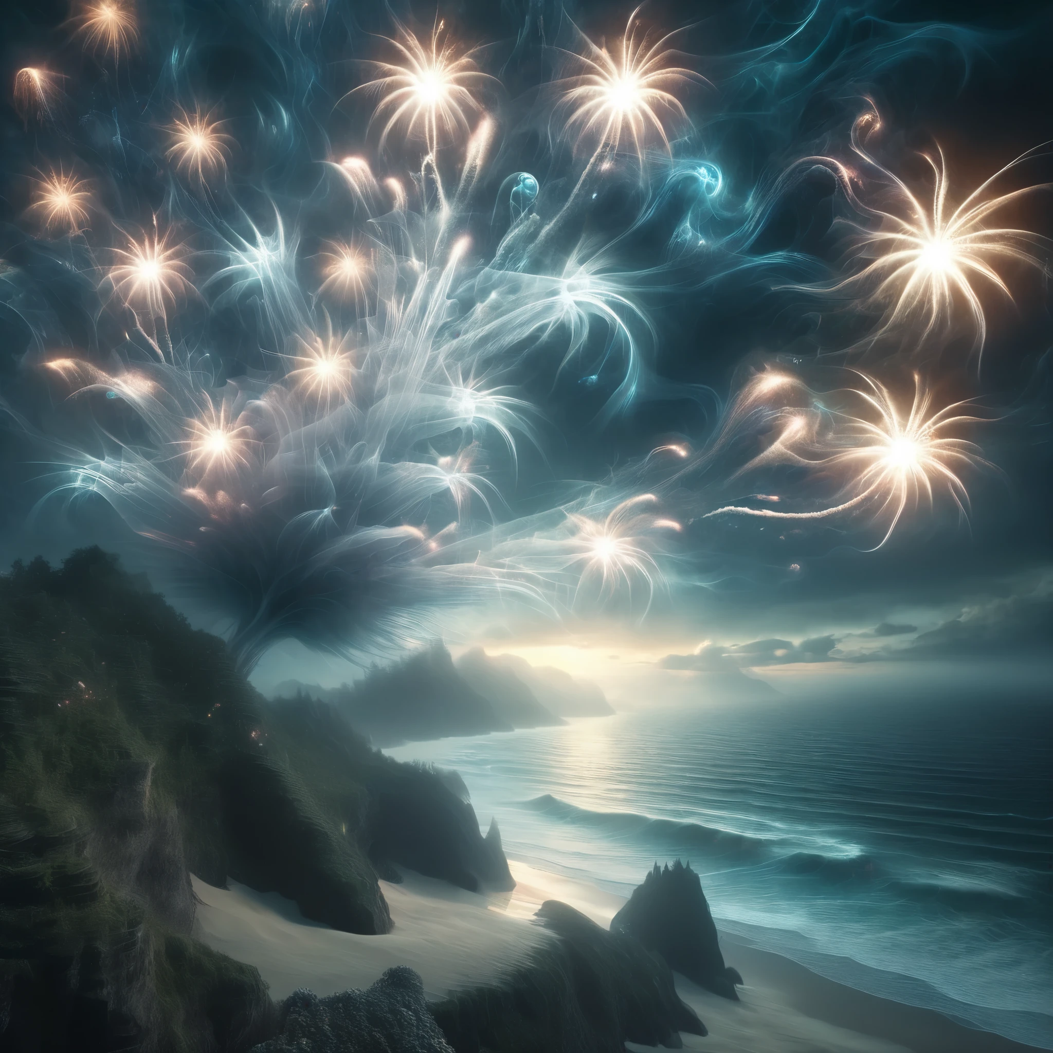 Blend fantasy and reality as 3D fireworks merge with ethereal fractal creatures, symbolizing the sea, transforming the landscape into a fractal fantasyland, where imagination reigns supreme and reality bends to the whims of the mind.