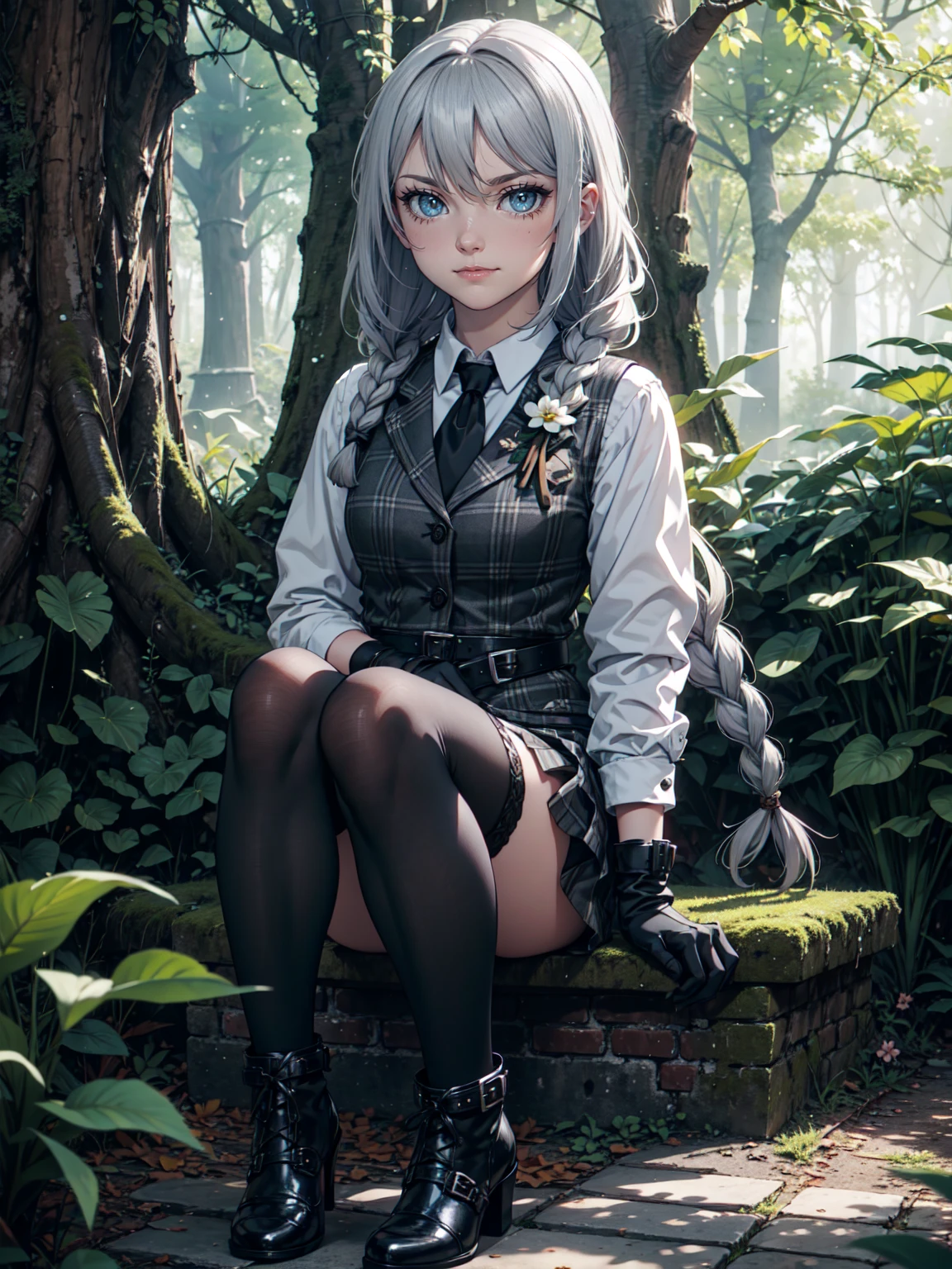 Ultra High Definition, Ultra High Quality, Hyper Definition, Hyper Quality, Hyper Detailed, Extremely Detailed, Perfectly Detailed, 8k, 1 Anime Female, Long Silver Hair with Small Braids,  Black Luxury Vest, Grey Plaid Skirt, Dark Boots On Heels, Black Tights, Gloves, Solid Green Eyes, Smirking  Expressio, Sitting, White Flower Barrette, Dressed in school , Forest Panoramic Background
