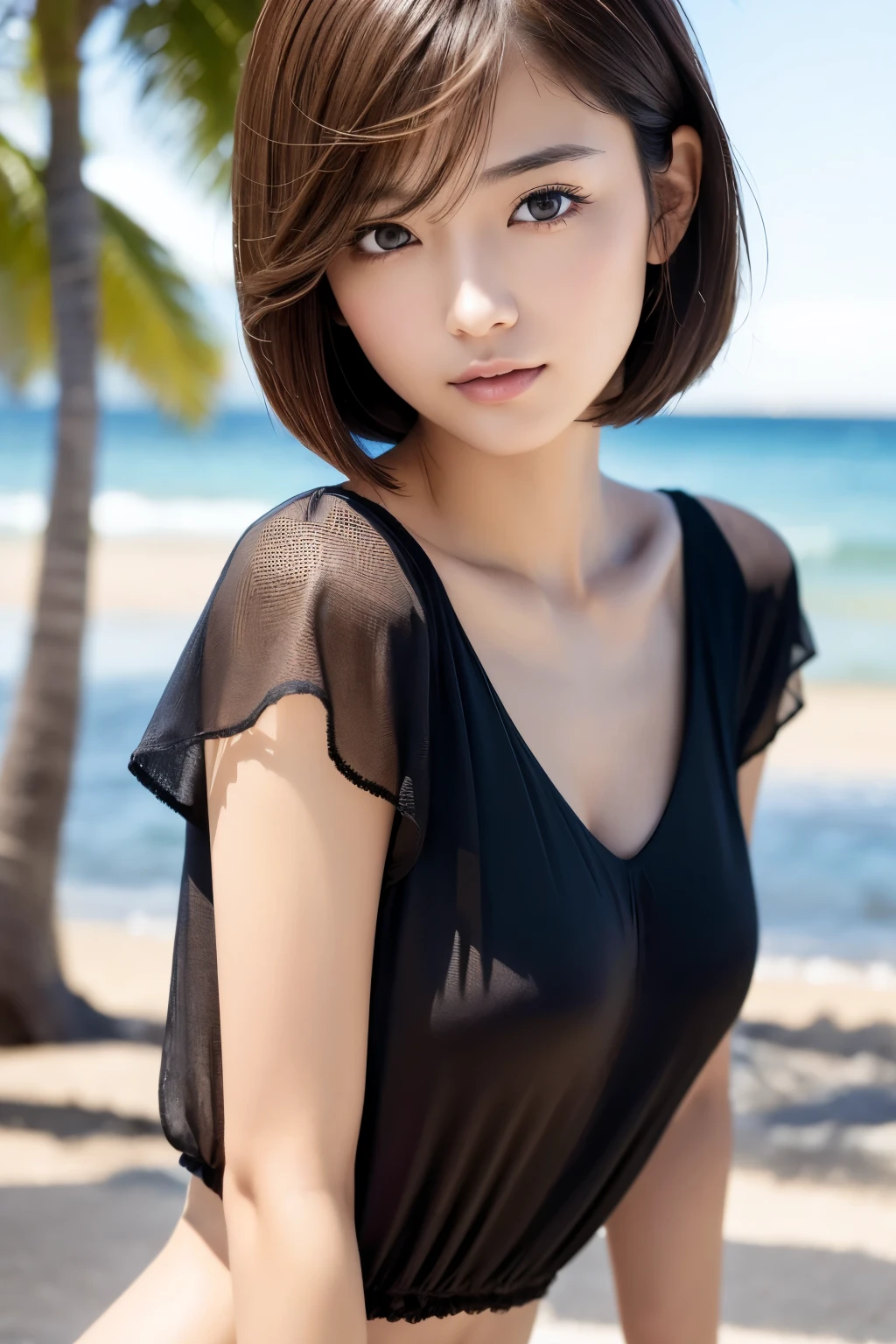 Fine、High resolution、high quality、Perfect dynamic composition、Beautiful Eyes、short hair、Bobcut、Natural color lip、最high quality、Real、Perfect Human Anatomy、Very detailed、Very delicate and beautiful、RAW Photos、Beach、Depth of written boundary、Single focus、whole body、Skinny Japanese woman、17-year-old female、Brown Hair、Small Head、Beautiful Eyes、Real Face、Realな肌、Fine grain、(Stylish short hair: 1.3)、Sexy pose、Nonsense、Unbelievably ridiculous resolution、Ultra-fine、blouse