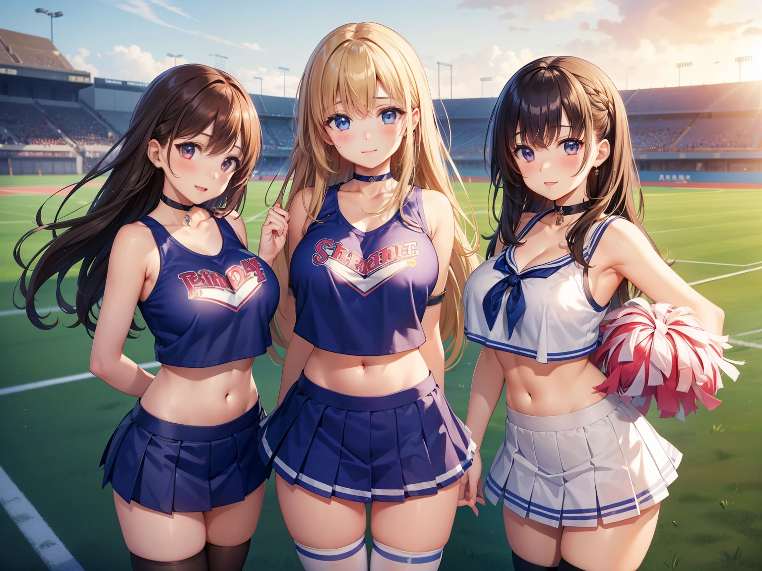 3girls, (multiple girls), highly detailed, best quality, illustration, game cg, perfect anatomy, beautiful cute face girl, beautiful hair, beautiful detailed eyes, choker, (cheerleader), midriff, school field, natural lighting, aichan, white thigh highs, collarbone, sleeveless, cheerleading, large breasts