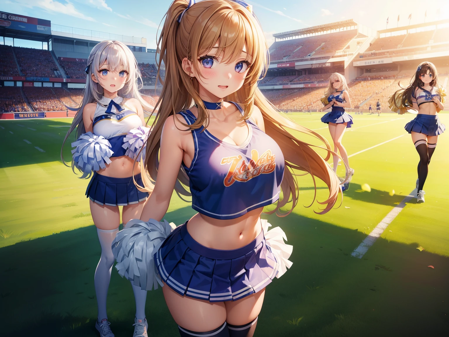 3girls, (multiple girls), highly detailed, best quality, illustration, game cg, perfect anatomy, beautiful cute face girl, beautiful hair, beautiful detailed eyes, choker, (cheerleader), midriff, school field, natural lighting, aichan, white thigh highs, collarbone, sleeveless, cheerleading, large breasts