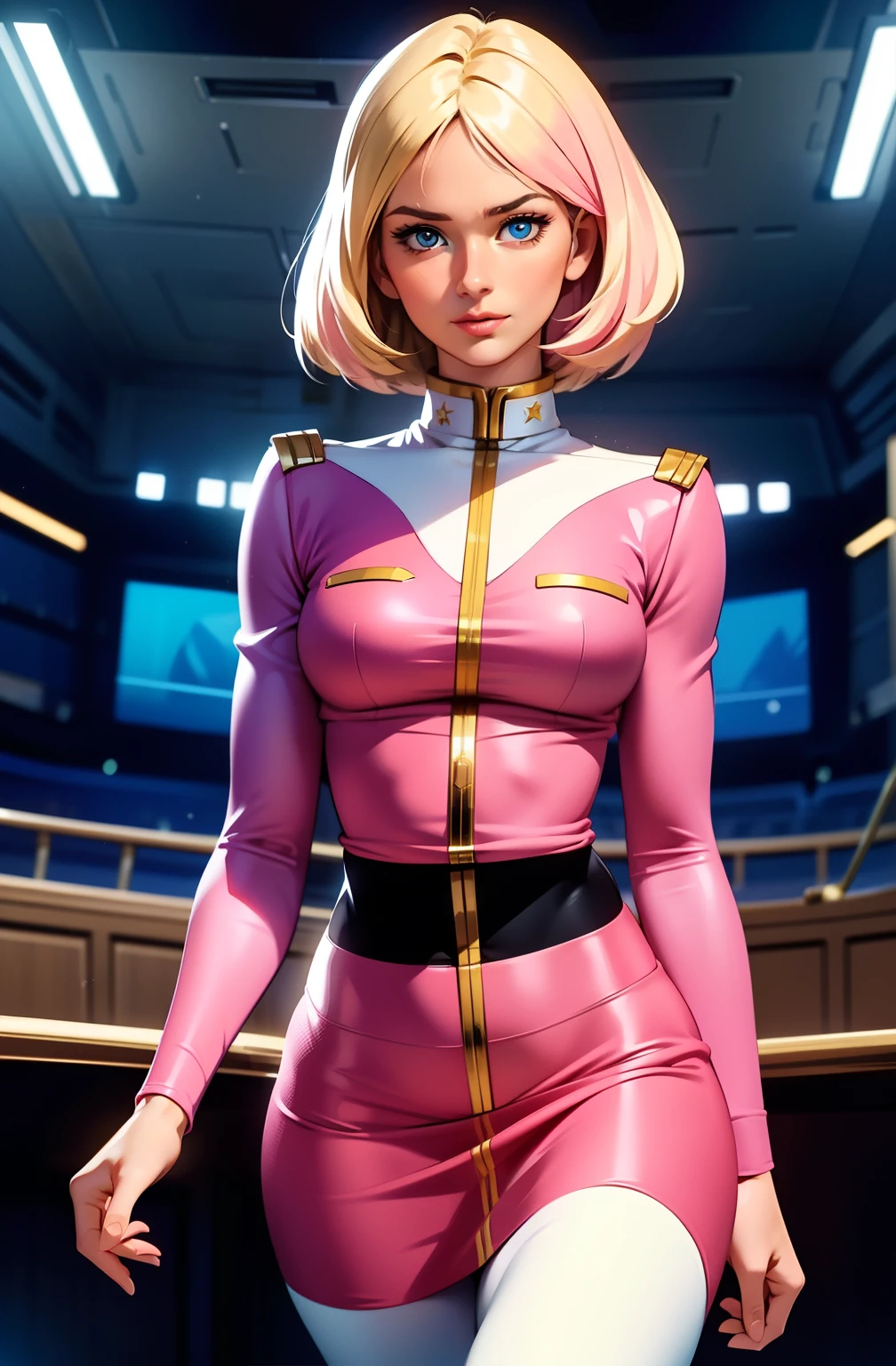 ((masterpiece)), ((cinematic lighting)), realistic photo、Real Images、Top image quality、1girl in, sayla mass, Elegant, masterpiece, Convoluted, slim arms, wide hips, thigh gaps, Best Quality, absurderes, high face detail, Perfect eyes, mature, Cowboy Shot, , Vibrant colors, soft pink uniform, soft pink Skirt, white tights