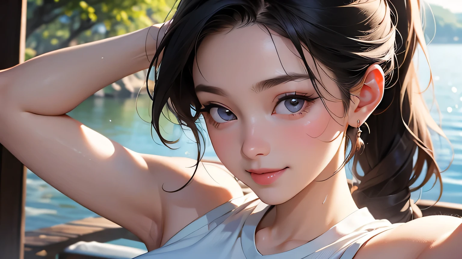 8k, highest quality, ultra hd, quality, ultra hd, outdoor, detailed background, masterpiece, anatomically correct, detailed face, detailed face, 8k, masterpiece, highest quality, ultra hd, best Resolution, 1 female, single, 1980s pop culture anime style, yoga pose, 21 years old, (masterpiece, high resolution, detailed) outdoors, Japanese, sweating, short cut, ponytail, big breasts (photorealistic): 1.4), (Famous Japanese actress: 1.2), very beautiful, cute, professional photo, very delicate and beautiful, very detailed, very detailed beautiful girl, very detailed face, very detailed eyes, Very detailed skin, very detailed fingers, very detailed nose, very detailed mouth, perfect anatomy, realistic body, fair skin, shiny skin, slender body, good figure, looking at camera, smiling , Cute smiling face, Professional lighting, Upper body, Hands above head, Showing armpits, Yoga pose, Female, Small face, White skin, Beautiful eyes, Highlights: 1.2), Beautiful legs, (Detailed face andiace:1 2), almond eyes, (ponytail), (oval face: 1.4), (realistic skin texture, realistic)), ((detailed face, round face contour, yoga wear, tops, yoga pants) , white yoga leggings), (yoga beauty sitting on a yoga mat by the lake), sunrise, canon 6d, perfect body, sweat legs, wet clothes,, focus on the face, navel, smile, big eyes, excellent anatomy, realistic light and shadow, sweating,