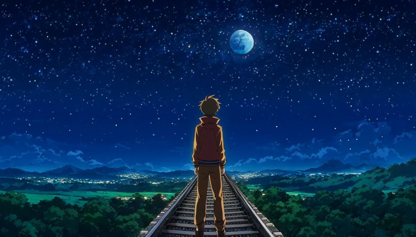 A full moon and a starry sky Flying Galaxy Express Anime boy standing on the roof of a train looking at the starry night sky