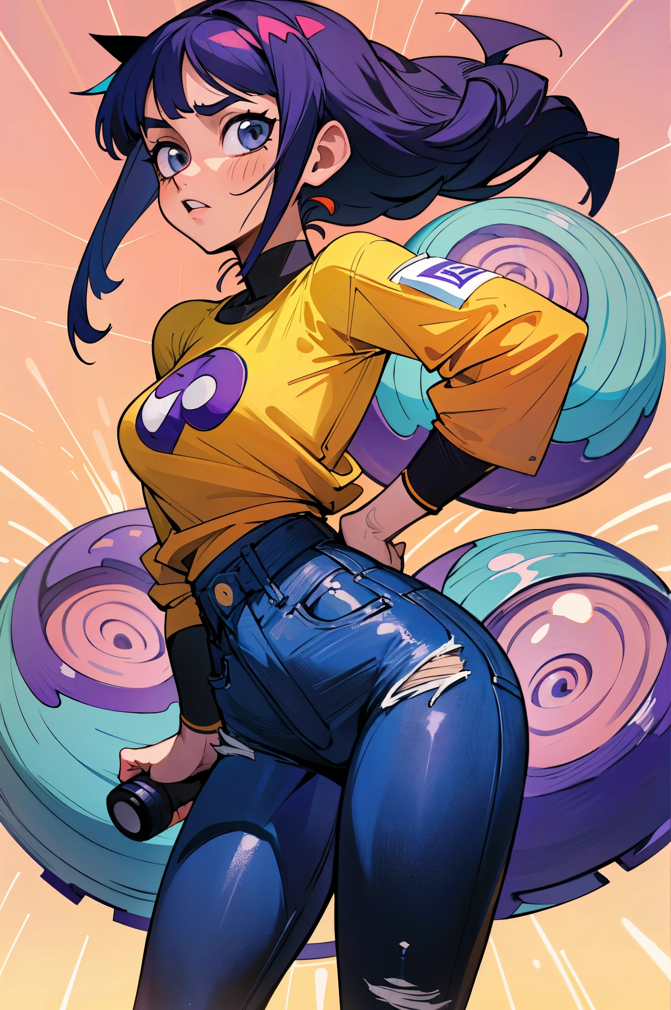 (Hinata Hyuga, muito sensual, com roupas apertadas, bunda grande, pernas grossas, Wearing extremely tight jeans, usando uma mini blusa, umbigo com pirsing, cabelo grande, Speaker behind, muito realista, extremamente sexy, 8k, 8k extremamente detalhado), (um extremamente delicado e bonito), (obra-prima), (melhor qualidade: 1.0), (ultra highres:1.0)