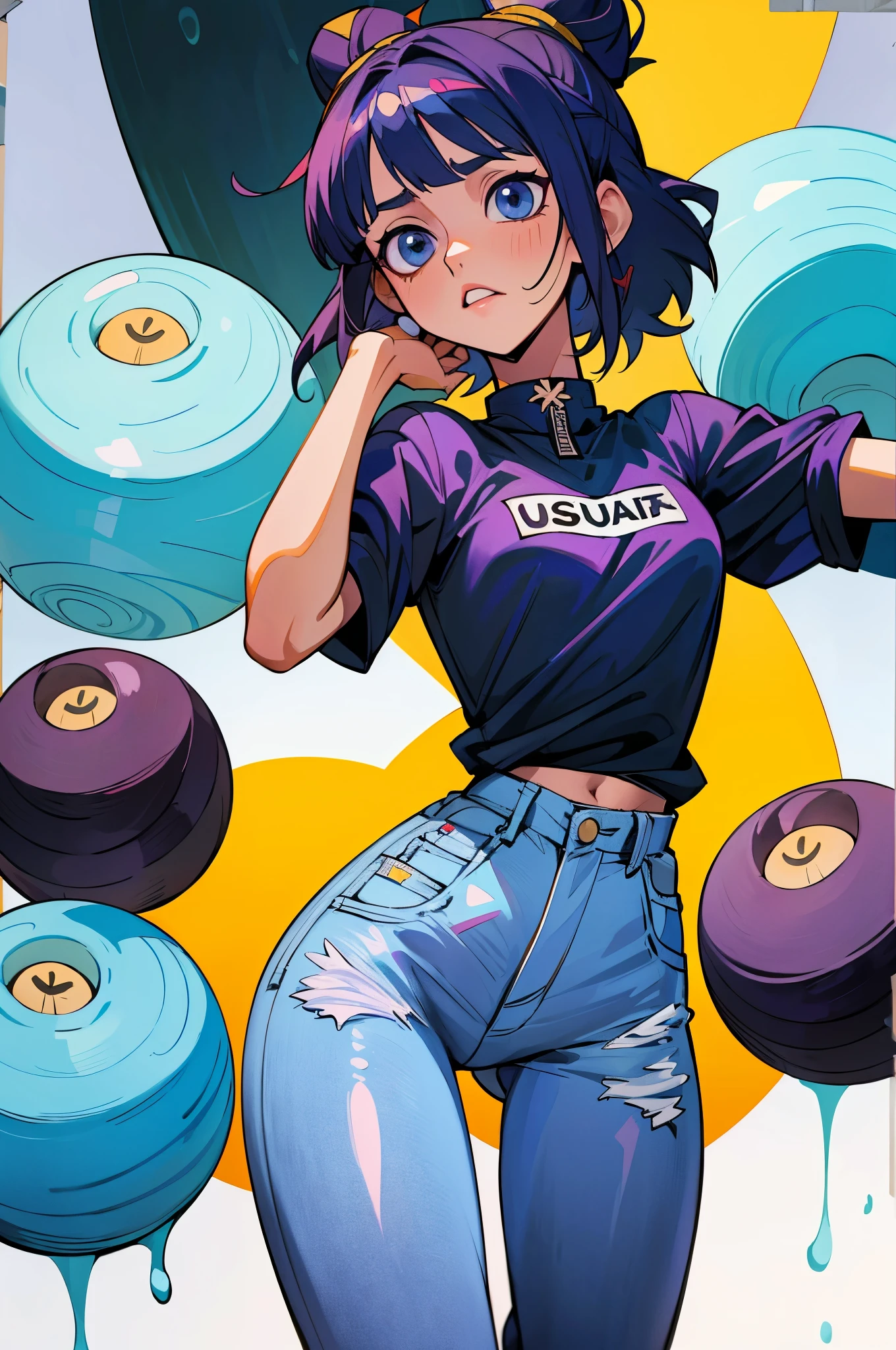 (Hinata Hyuga, muito sensual, com roupas apertadas, bunda grande, pernas grossas, Wearing extremely tight jeans, usando uma mini blusa, umbigo com pirsing, cabelo grande, Speaker behind, muito realista, extremamente sexy, 8k, 8k extremamente detalhado), (um extremamente delicado e bonito), (obra-prima), (melhor qualidade: 1.0), (ultra highres:1.0)