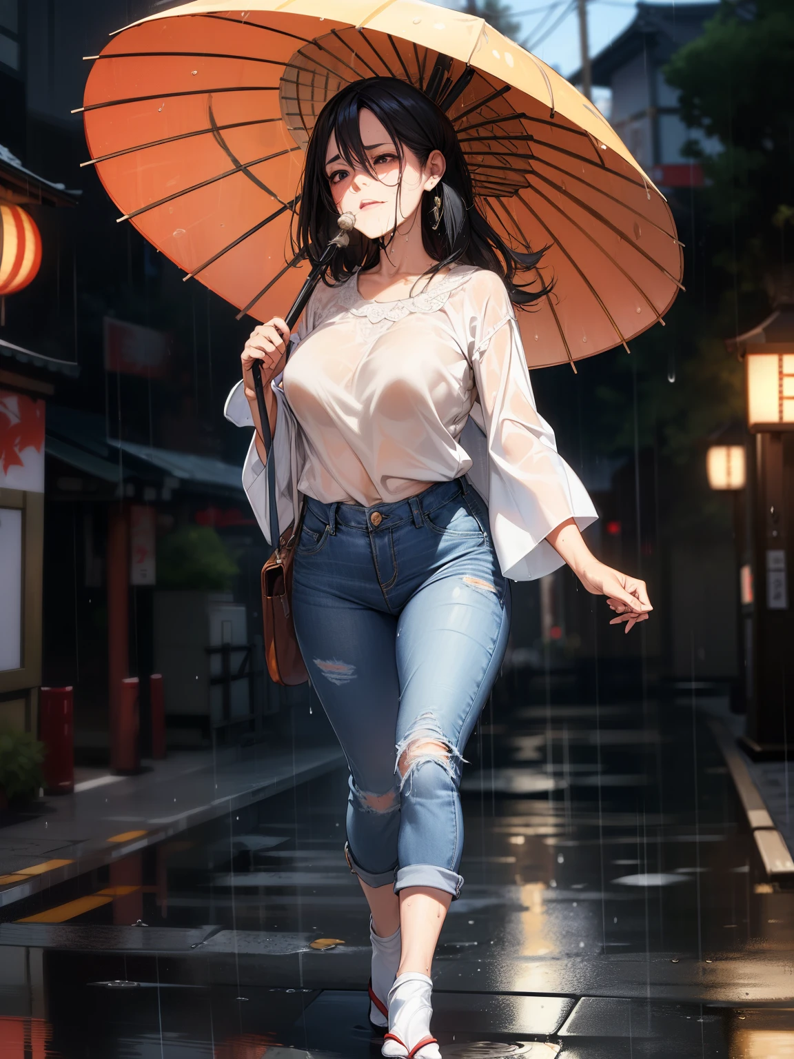 ((highest quality)), ((8K)), ((masterpiece: 1.3)), (Perfect appearance), (Photorealism: 1.6), 
(A 60-year-old Japanese mature woman walking through the city in the rain), BREAK(Japanese Mature walking without an umbrella: 1.4), BREAK (A busy sidewalk in an office district: 1.2), (Detailed background), (Soaking wet), (Full body portrait: 1.4), 
(60 years old, Japanese Mature), ((Realistic skin texture)), (Fine lines all over the skin), (Dull skin), (Facial wrinkles), (Wrinkles around the eyes), double eyelid, Tear bags under the eyelids, 
Melancholic expression, Raindrops running down my face, 
Short bangs, Straight long hair, Rain-soaked hair, (Raindrops dripping down my hair: 1.4), 
BREAK(Soft white blouse: 1.4),BREAK (jeans: 1.4), (Shirts that get wet and adhere to the skin),  (The wet blouse is visible: 1.4), (Bra is see-through: 1.2), High heels,