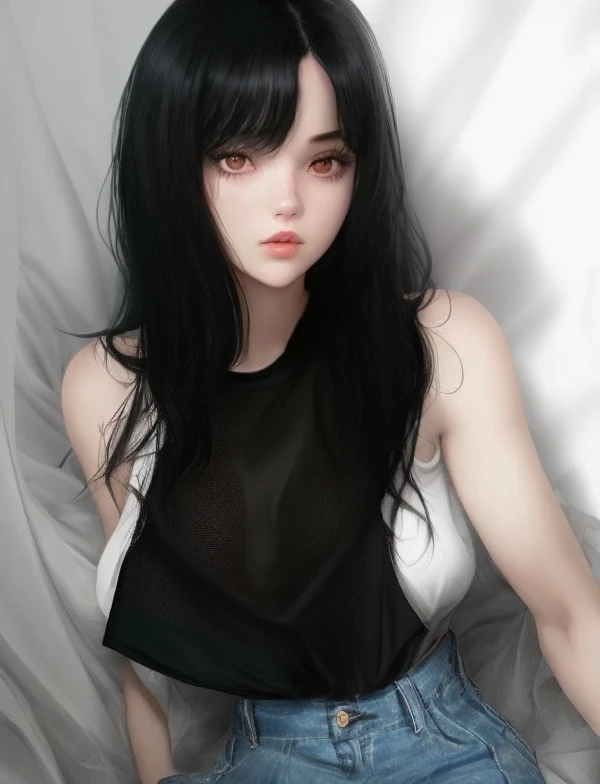 Melhor qualidade, master part, uma mulher extremamente bonita, extremamente detalhado, unidade, papel de parede 8k, incredible detailed, finamente detalhado, master part, melhor qualidade, Arte Oficial, extremamente detalhado CG unidade 8k papel de parede, ultra-detalhado, Alto, extremamente detalhado, one woman, doll-like appearence, hair covering her breasts, creepy, brightless eyes, clear blue eyes, shiny dark hair, skinny body, extremely paly skin: 1.3, articulated, square chin, extremely long hair, horror art style, horror by greg rutwoski, dark atmosphere, disturbing