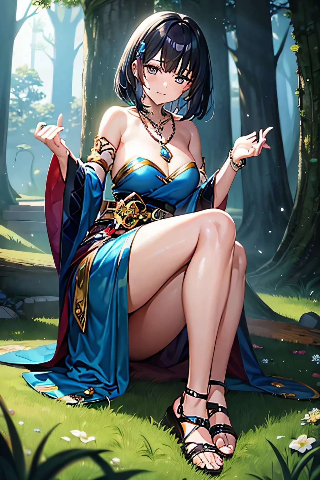 A woman appeared in the magical forest.。She had incredible magical powers. She was looking for Tom, I once fought alongside her.。Hair is black、Knee、Silky skin、Tachisgata、Black Hair、bracelet、Shortcuts、sacred stone necklace、short hair、blue eyes