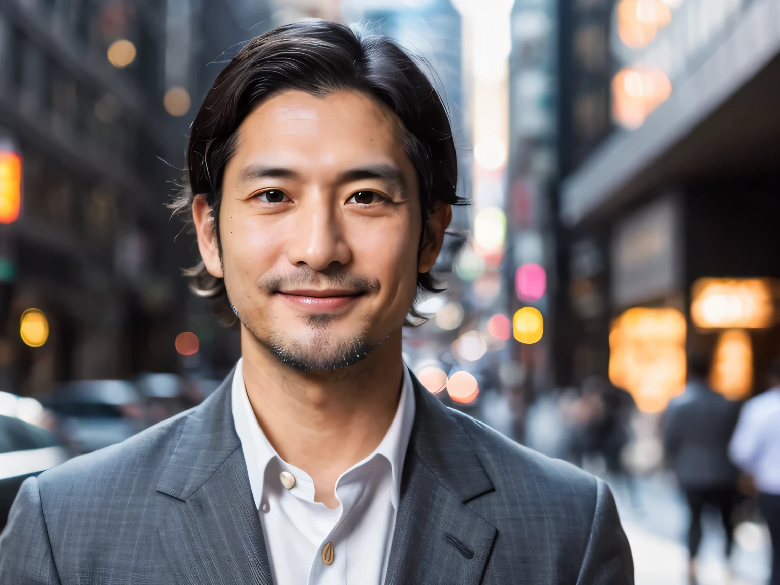 realism, 8k Full Length Portrait, Handsome Japanese man, 40-year-old male, Attractive look, Detailed facial details, ((Beardless)), office, Shibuya Background, short hair, light smile, frontal face, (( business suit))