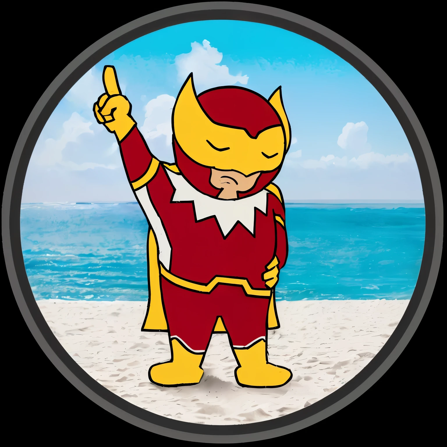 a close up of a cartoon character on a beach with a sky background, wearing red and yellow hero suit, super hero pose, positing on rock super hero pose, superhero, full body mascot, puerto rican super hero, fat cat superhero, sfw, captain, like ironman, ironman, superhero with a cat head, marvelous, heroic!!!, sfw version, super hero