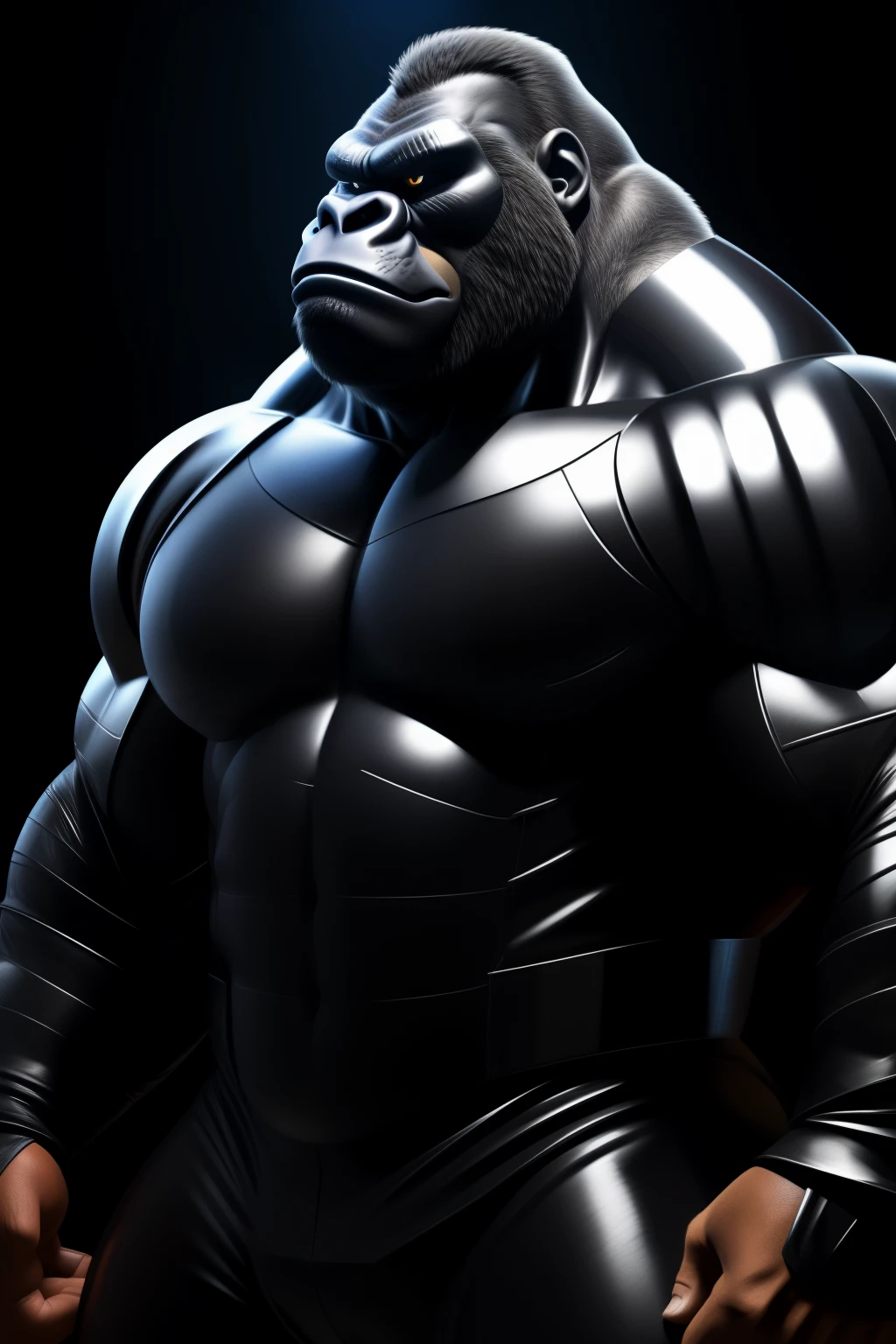 Close-up of an athletic muscular male gorilla, naked, posing sensually, in a disco, wearing a formal suit with his pants down showing his large, erect penis, camisa formal desabotonada dejando ver su torso naked, using nipple piercings, body wet with sweat, black skin, NSFW, big body, well detailed, ultra detailed, detailed muscles, Whole body.