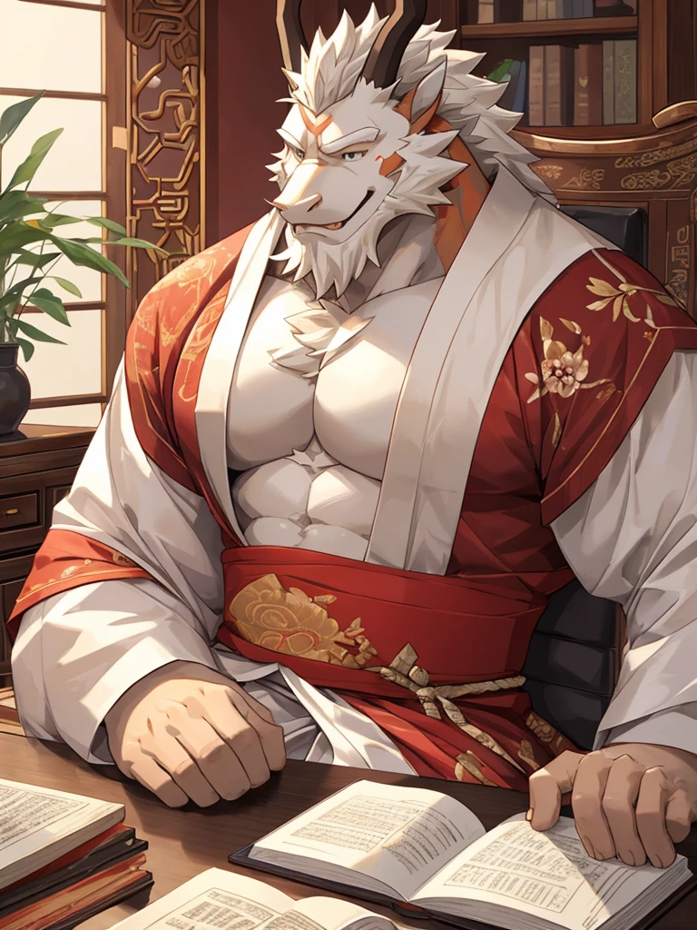 (white eastern dragon),furry,fuii body shot,white mustache,big pecs,hearty males,artbook,muscular,imperial robe,holding_stylus,sitting_on_desk,adult,traditional_chinese_room