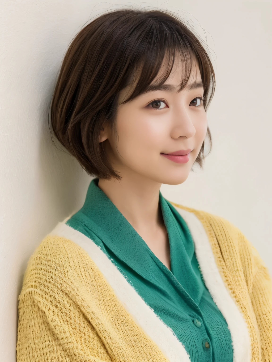 Stylish spring clothes、fluffy hair、smile、(背景にWhite wall、Light yellow cardigan:1.4)、White wall、In front of a white door、Mr.々A pose、(窓のあるWhite wallの部屋)、((highest quality、8k、masterpiece:1.3))、Ultra-high resolution、(photoGenuineistic:1.4)、RAW Photos、Japanese,(Detailed aspect)、Genuine、Photographed in natural light、Highly detailed face and skin texture、Highly detailed lips、The correct state of the human body、Short Hair、Brown Hair、さまざまA pose、short hair、Shortcuts、Natural color lip、Pixie Cut、Long Hair、profile、Look to the side、Loose roll