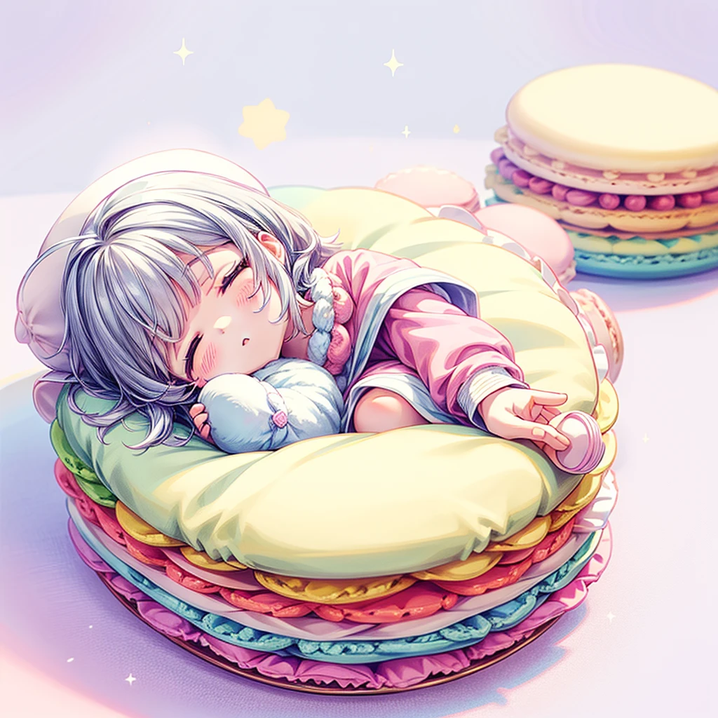 Little、cute、Soft and fluffy、Heartwarming、pastel colour、Sleeping between macarons on a macaron blanket、
