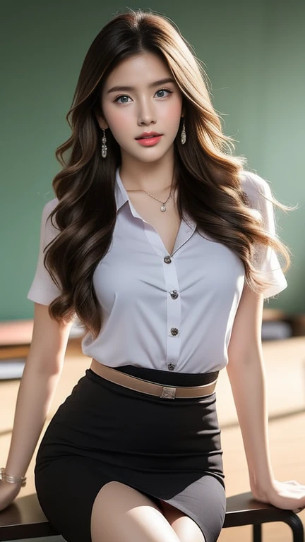 (8k high resolution), masterpiece, best quality, realistic ((middle bust)), hair in one eye, purple eyes, very big hoop earrings, sharp eyes, choker, red gemstone necklace, (symmetrical eyes), (perfectly symmetrical body), photo of a beautiful 20-year-old teenage girl, (fit figure), ((in the teacher's room)), (black miniskirt), mahalaiuniform, (( young woman wearing a shirt Tight white short sleeves, buttons unbuttoned, open chest)) ((short black pencil skirt Skirt with a deep slit in front of the legs)), (mahalaiuniform), Belt, Bob hair, long hair, side bangs, golden blonde hair, double eyelids, sharp eyeliner, blush eyeshadow with thick eyelashes. Very delicate and beautiful. Round chin. Sharp focus. Elegant. Fully seated on the study table. Turn your head with your legs open to eye level. Open your legs. Lift your right leg over your left leg. Let your legs open naturally. With legs slightly separated, dynamic pose,
