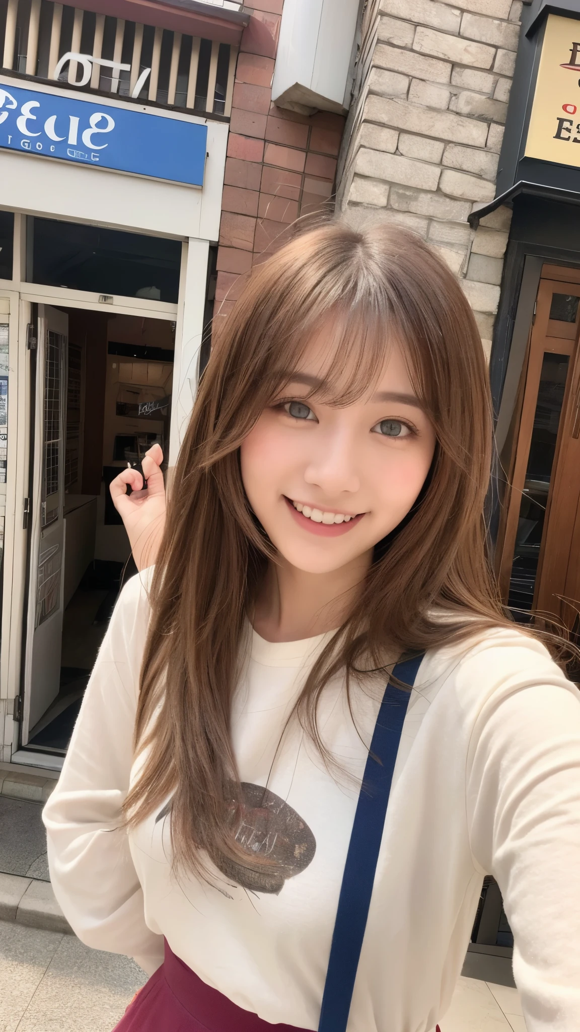 22 year old girl, con ojos grises, piel blanca palida, figura delgada, sonriendo, pelo color cafe, ropa colorida caminando en tokio, foto tomada con camara profesional ultrarealista