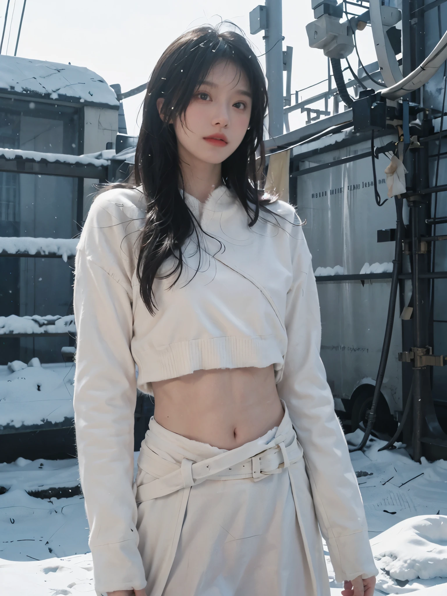 best quality, Ultra-high resolution,16K, Snow White Background,Abdominal muscles,(Realistically:1.4), girl,JK, A pair of eyes as clear as snow,Imperial sister,Black long straight, Looking at the audience,