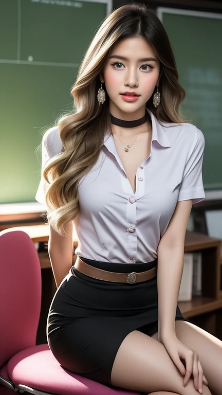 (8k high resolution), masterpiece, best quality, realistic ((middle bust)), hair in one eye, purple eyes, very big hoop earrings, sharp eyes, choker, red gemstone necklace, (symmetrical eyes), (perfectly symmetrical body), photo of a beautiful 20-year-old teenage girl, (fit figure), ((in the teacher's room)), (black miniskirt), mahalaiuniform, (( young woman wearing a shirt Tight white short sleeves, buttons unbuttoned, open chest)) ((short black pencil skirt Skirt with a deep slit in front of the legs)), (mahalaiuniform), Belt, Bob hair, long hair, side bangs, golden blonde hair, double eyelids, sharp eyeliner, blush eyeshadow with thick eyelashes. Very delicate and beautiful. Round chin. Sharp focus. Elegant. Fully seated on the study table. Turn your head with your legs open to eye level. Open your legs. Lift your right leg over your left leg. Let your legs open naturally. With legs slightly separated, dynamic pose,