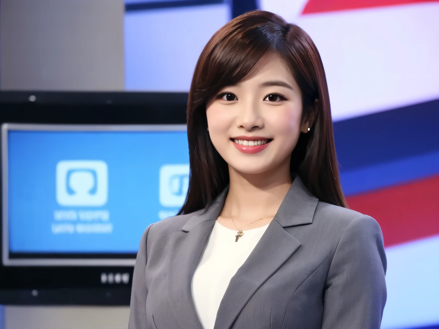 An Asian woman in a gray suit white blouse　 with a smiling expression, standing in front of a wall with a TV embedded in it, she is holding a microphone giving a speech, her occupation is a news anchor, angle is front view focused on the entire scene, 50mm lens, photorealistic, high quality