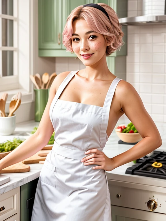 Close-up portrait of a playful maid, short hair, lotus pattern, lotus leaves, apron, stunning figure, distinct female features, kitchen, [gray blonde | ginger | pink hair], freckles, flirting with camera