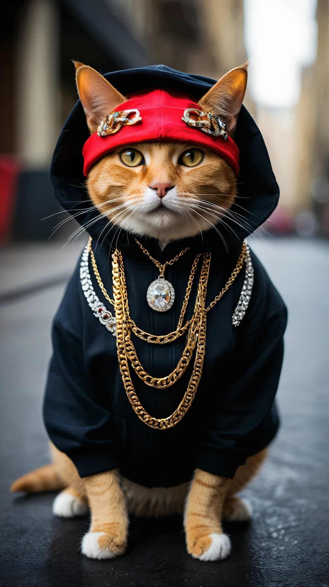 An amusing and creative photograph of cats dressed up as gang members, Adorned with countless jewels and chubs. The feline gangsters wear oversized hoodies and hats, Chains or multiple necklaces hanging around the neck. Their eyes are covered with sunglasses, And they&#39;re tattooing the fake skin. The background is full of graffiti, Urban Alley, giving the photograph a cool and edgy vibe., photograph