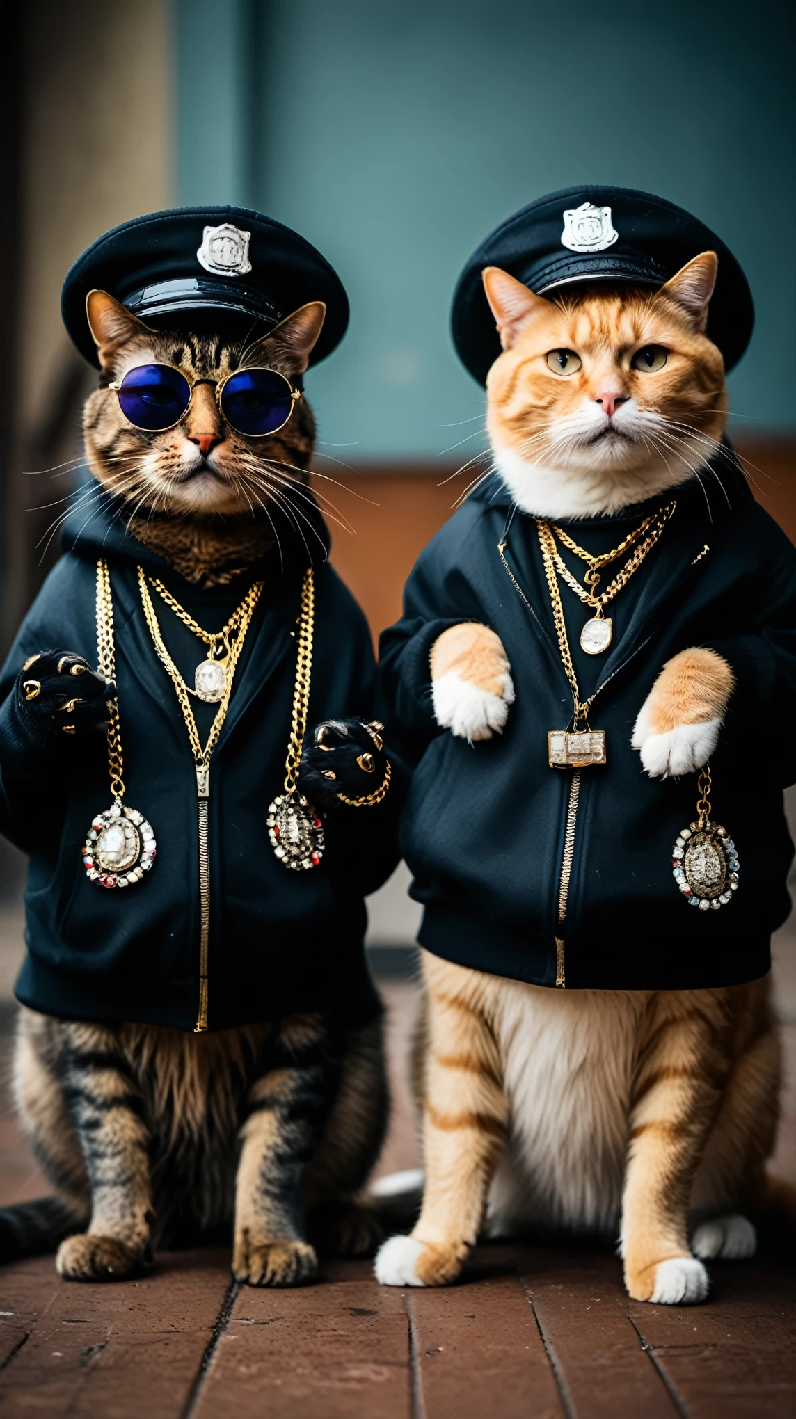 An amusing and creative photograph of cats dressed up as gang members, Adorned with countless jewels and chubs. The feline gangsters wear oversized hoodies and hats, Chains or multiple necklaces hanging around the neck. Their eyes are covered with sunglasses, And they&#39;re tattooing the fake skin. The background is full of graffiti, Urban Alley, giving the photograph a cool and edgy vibe., photograph