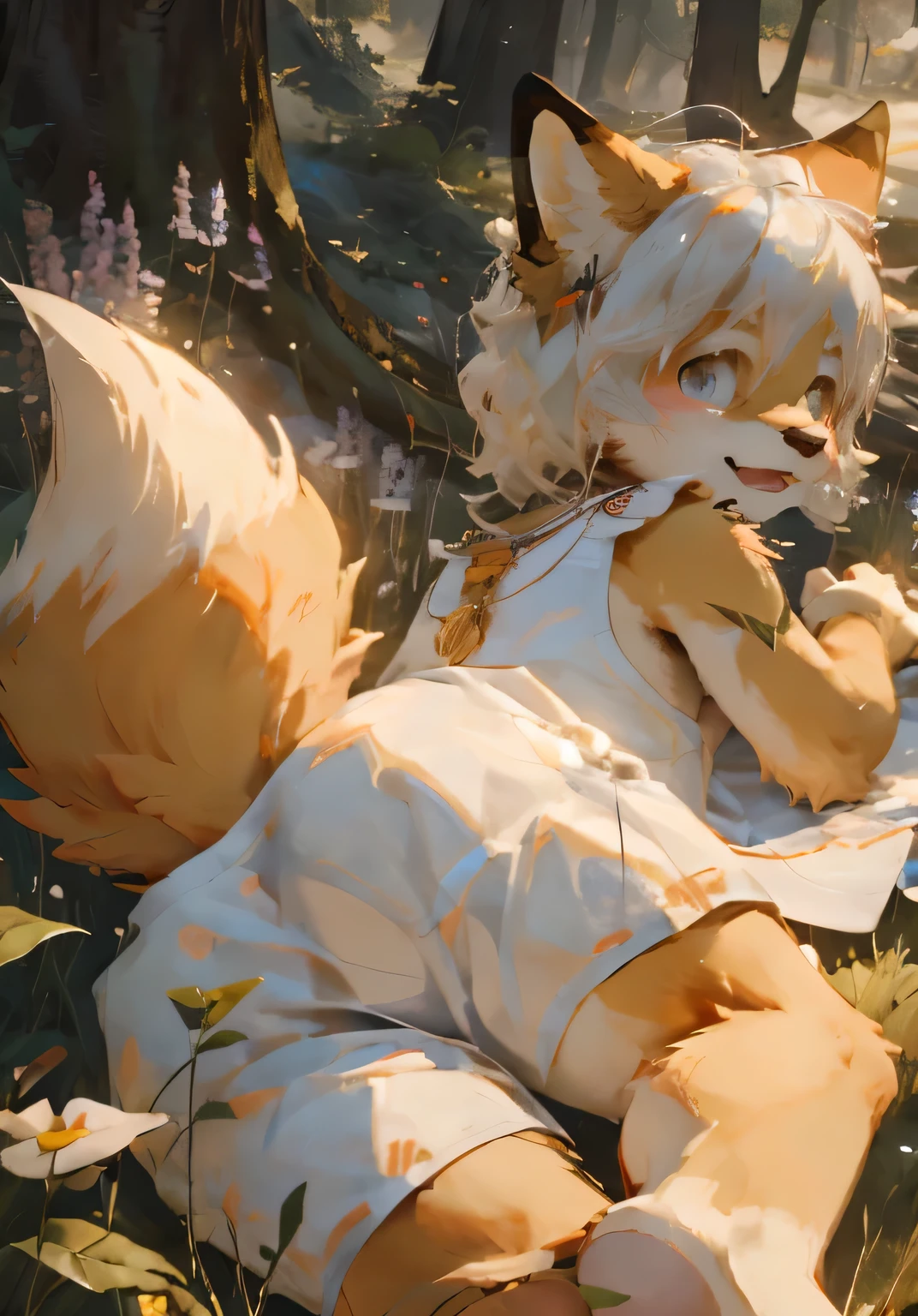 (masterpiece),(Very detailed),(best quality),hairy,fox,Golden fur,white hair,Black pupil,(child),(Naked upper body),((Happy expression)),Forest background,8k,(high quality),(Ultra HD),(Ultra Detailed),Perfect sunshine,(lying on the grass),Naked upper body,(Young child),butt,Dress cutely,Shirtless,Front view