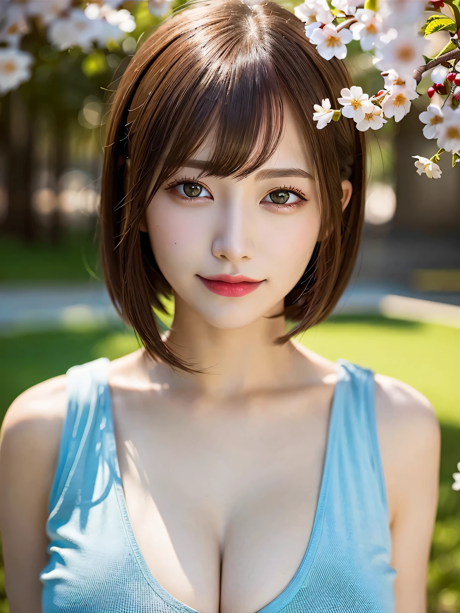 (8k), (best quality), (masterpiece:1.3), (realistic), (photorealistic:1.36),(adult face:1.2), (large_breasts:1.3),mole under eye, aqua eyes, short cut hair,Dimples,cherry blossoms