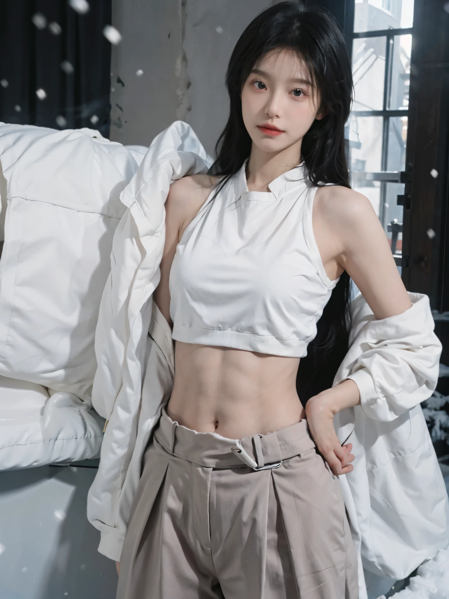 best quality, Ultra-high resolution,16K, Snow White Background,Abdominal muscles,(Realistically:1.4), girl,JK, A pair of eyes as clear as snow,Imperial sister,Black long straight, Looking at the audience,