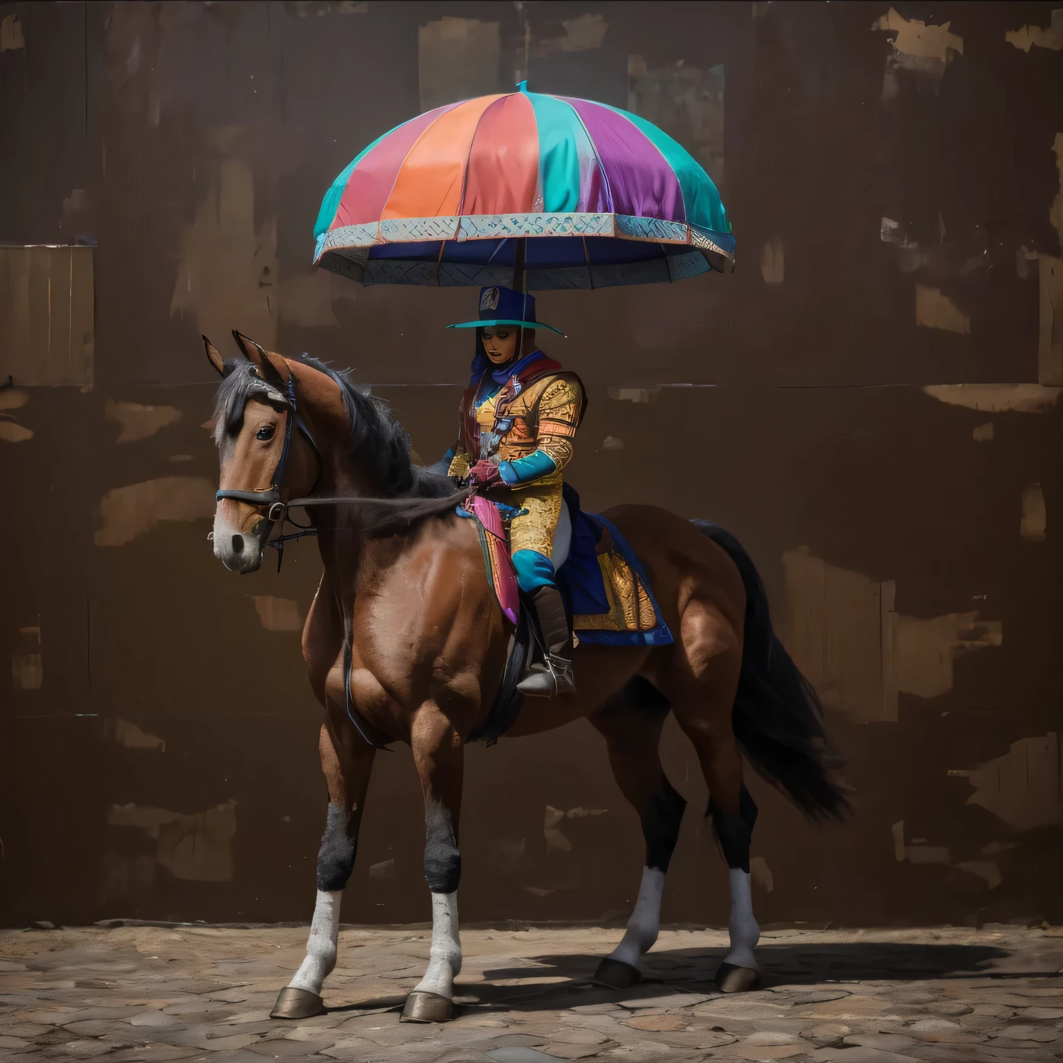 Arlequin con gorro colorido de tres puntasa caballo, colorido con paraguas de colores y gorro de tres puntas? Estilo hiperrealista, 8k, piso verde botella, fondo rojo, cajas realistas , iluminacion profecional