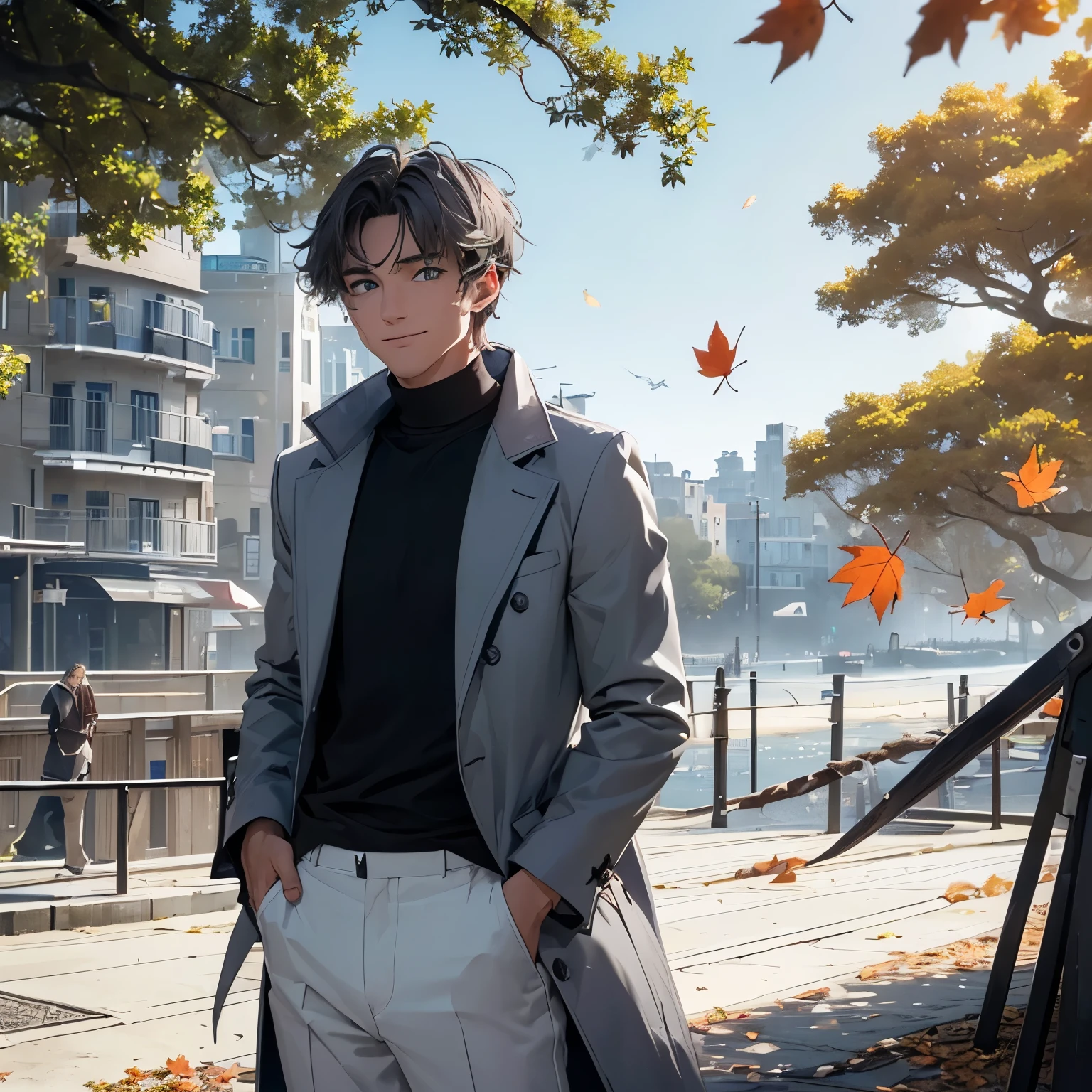 masterpiece, best quality, high quality, human, handsome male, (((solo))), (male focus), mature, black short hair, slim, ((blue pupils)), detailed eyes, front view, (clothing, (topwear: (dark-gray coat, (white t-shirt)), bottomwear:(pants: dark gray), standing, coat fluttering, detailed clothing, coat collar, tall, smiling, (((city seaside))), trees, falling leaves, (detailed background)